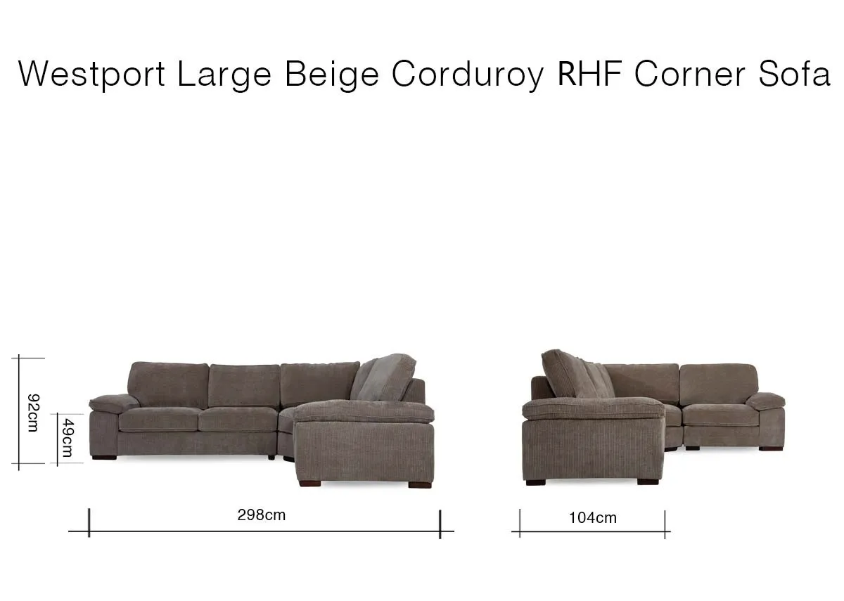 A dimension image of the Westport Large Beige RHF Corner soaf with 298cm x 104cm x 92cm