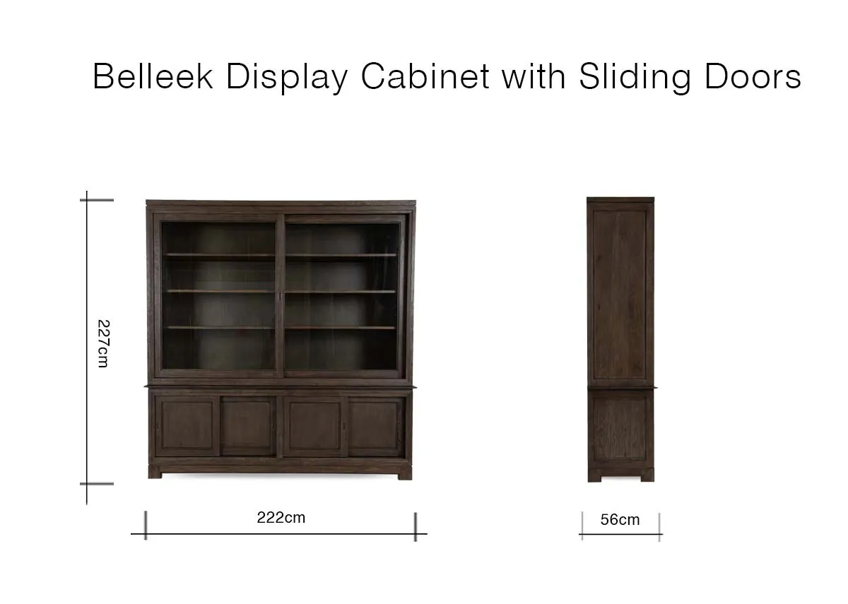 A dimension image of the Bellek Display Cabinet with 222cm x 56cm x 227cm