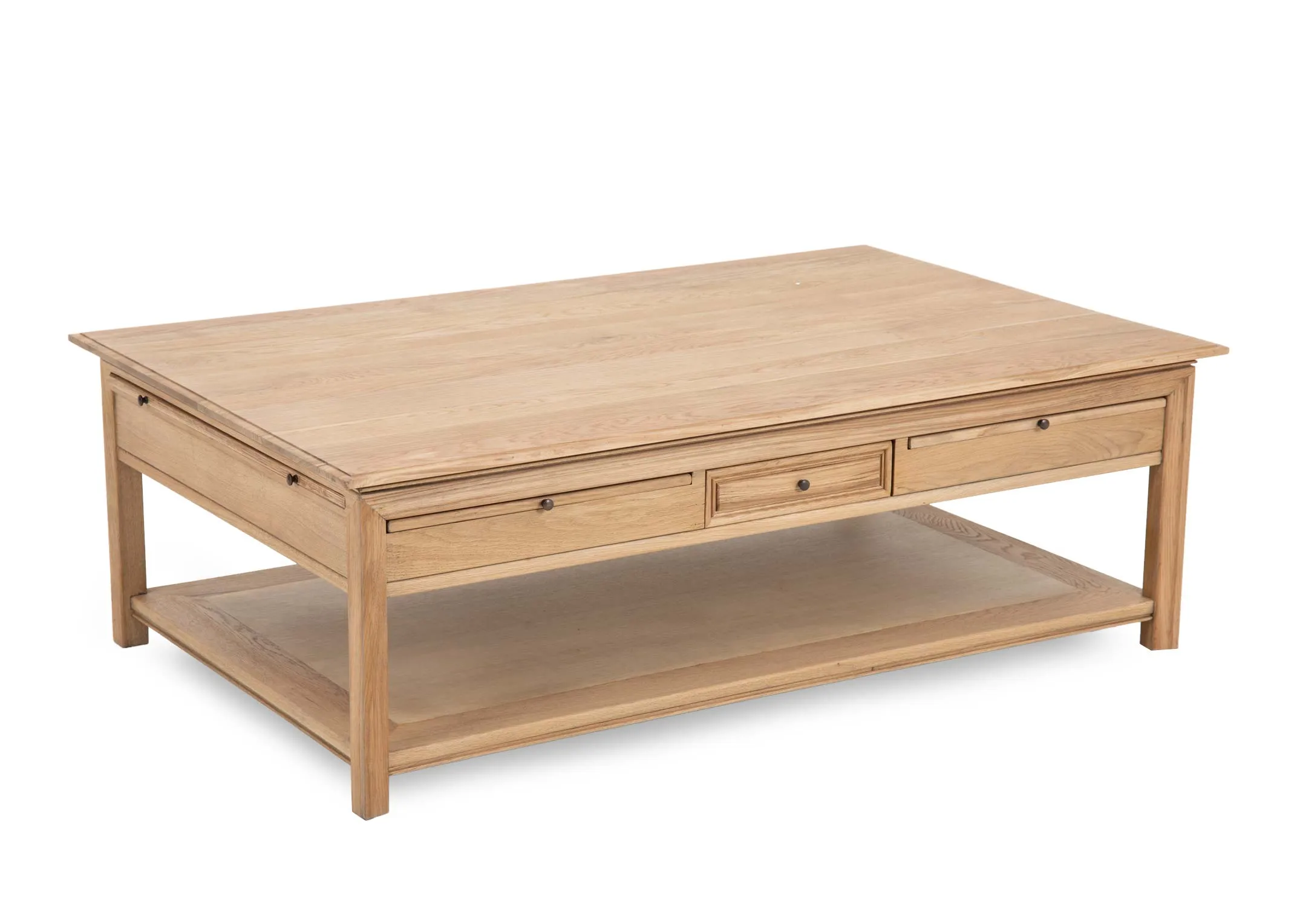 An oak veneer coffee table from EZ Livings Iona Range. Angled view of 3 drawers with gold handles.