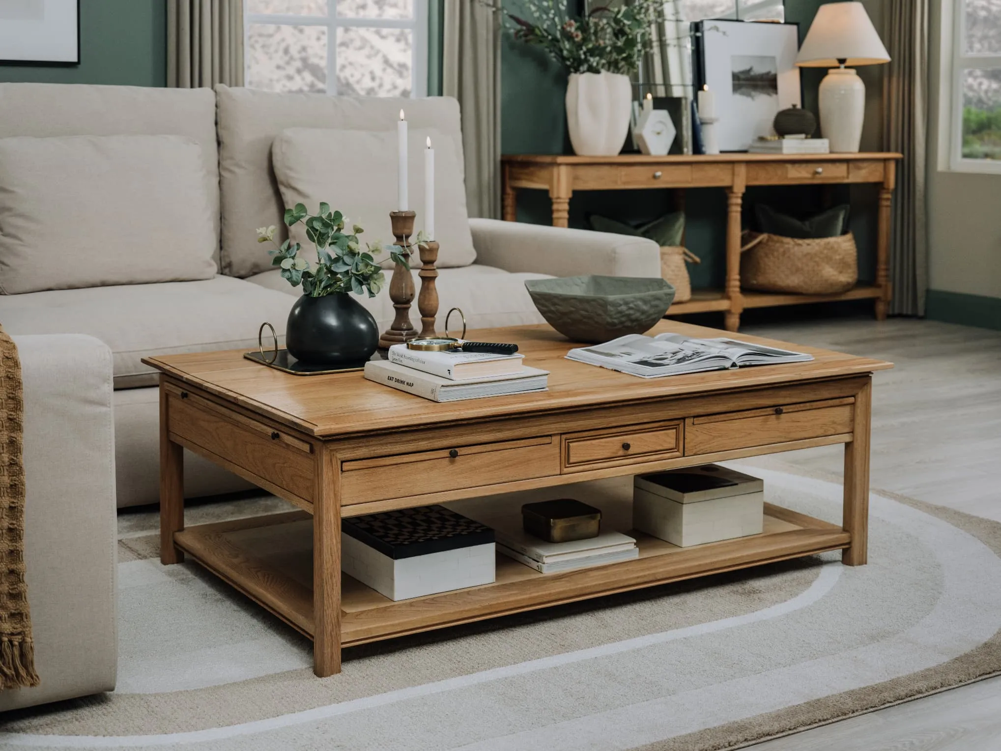 A lifestyle image of the iona Coffee Table with bowl