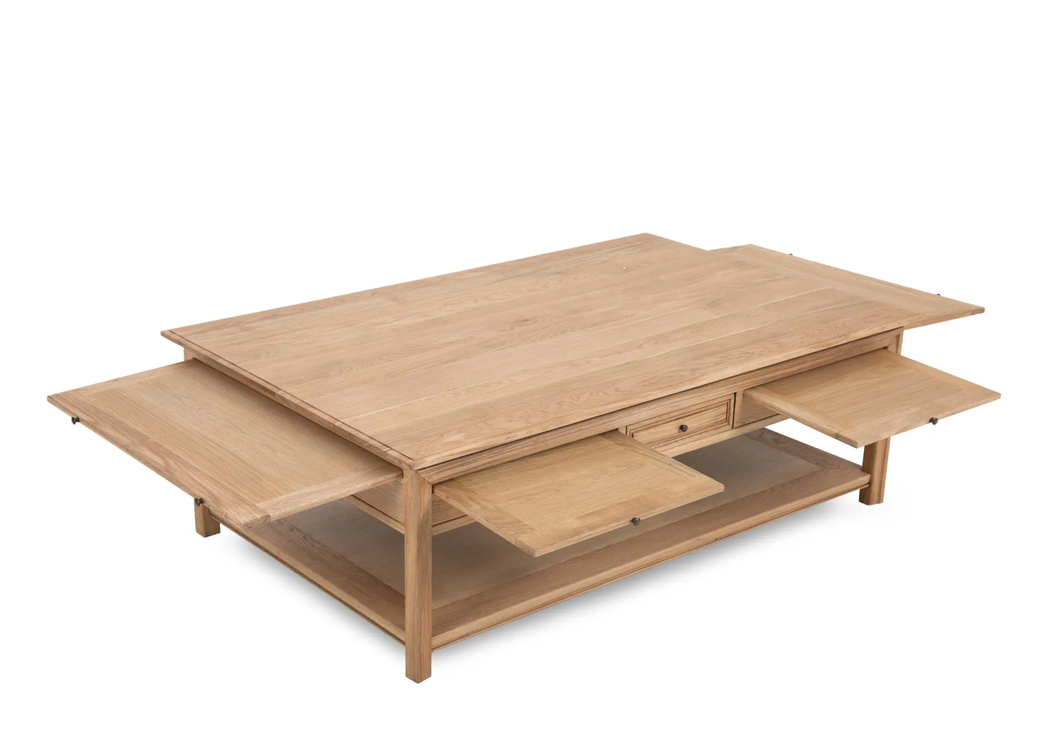 An oak veneer coffee table from EZ Livings Iona Range.Closeup of middle drawer open.