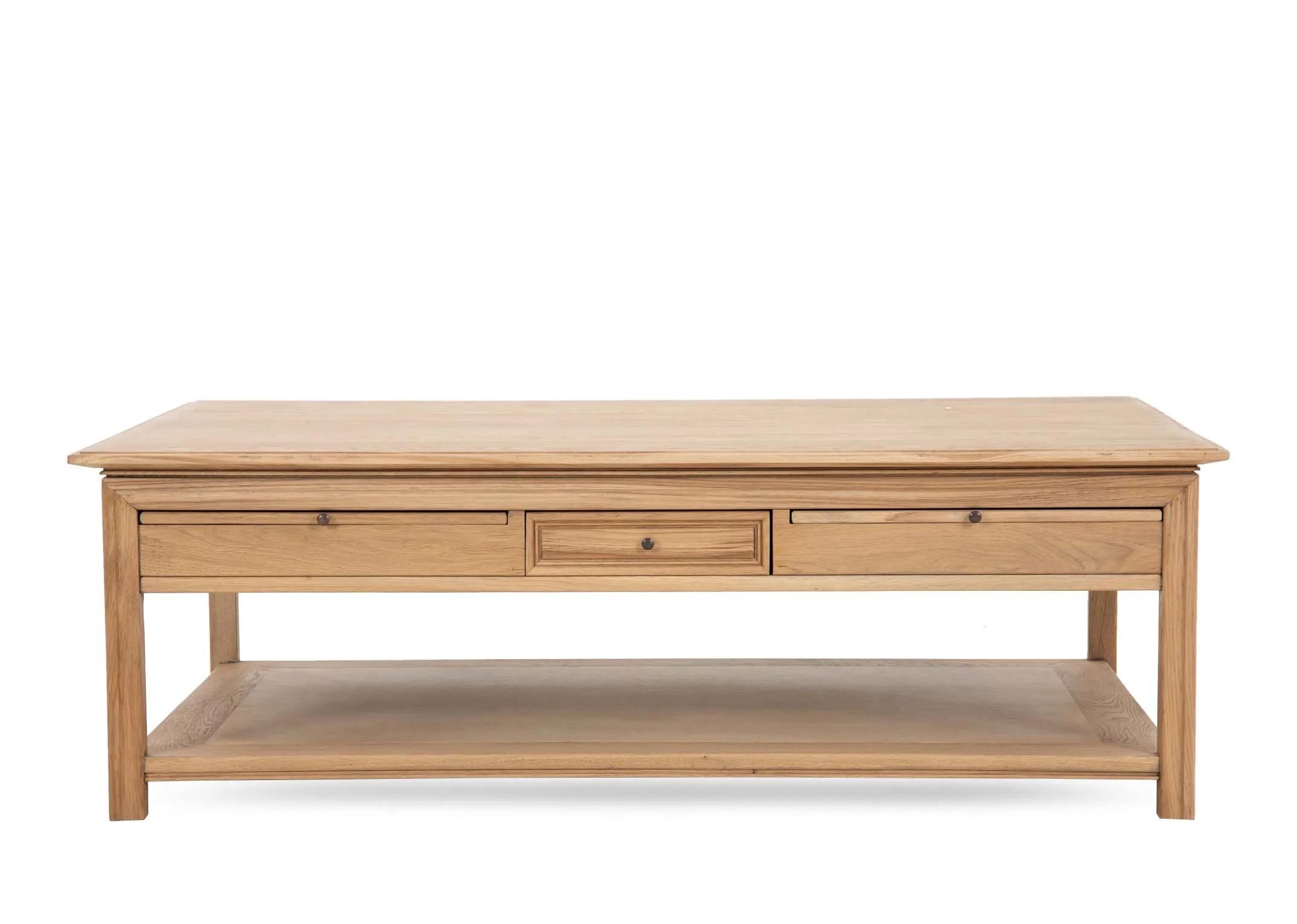 An oak veneer coffee table from EZ Livings Iona Range.Side view of hidden shelving in fron tand sides.