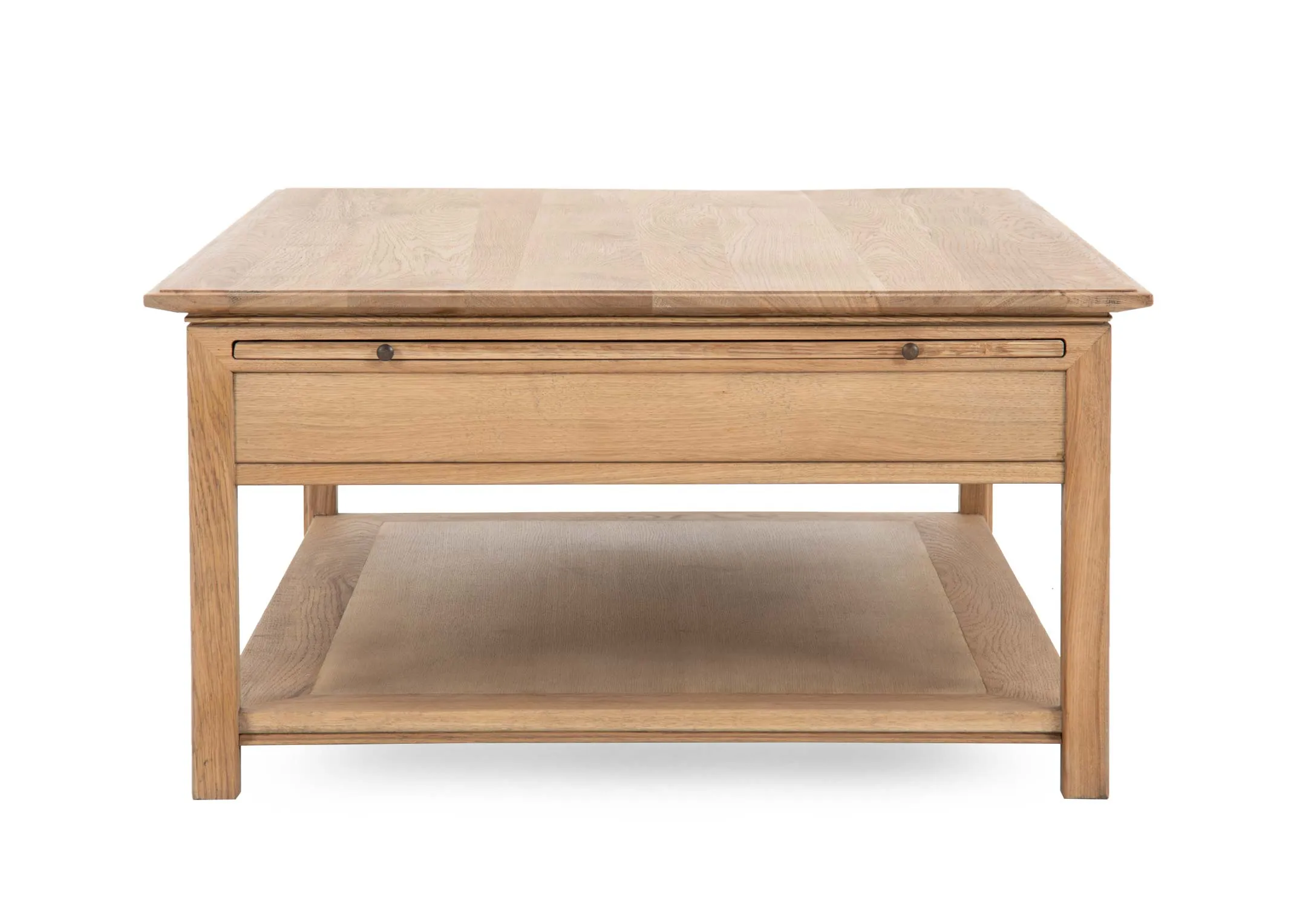 An oak veneer coffee table from EZ Livings Iona Range.Front view of lower shelf
