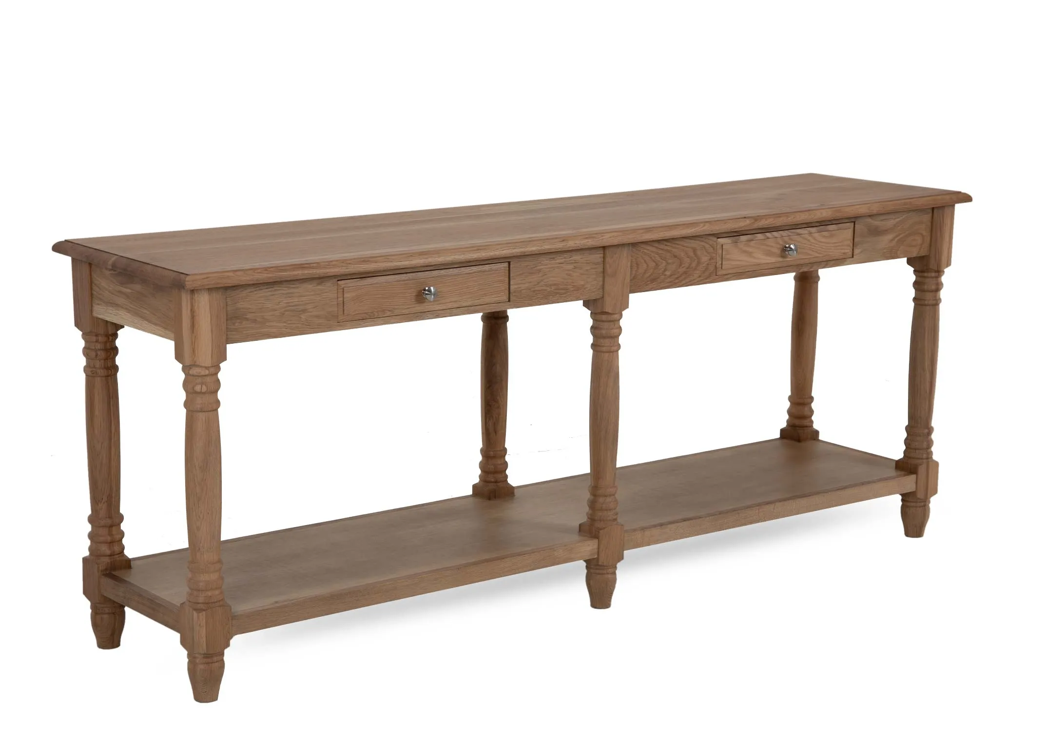 A long oak console table from EZ Livings Iona range. Angled view of long lower shelf and 2 small drawers with handles.