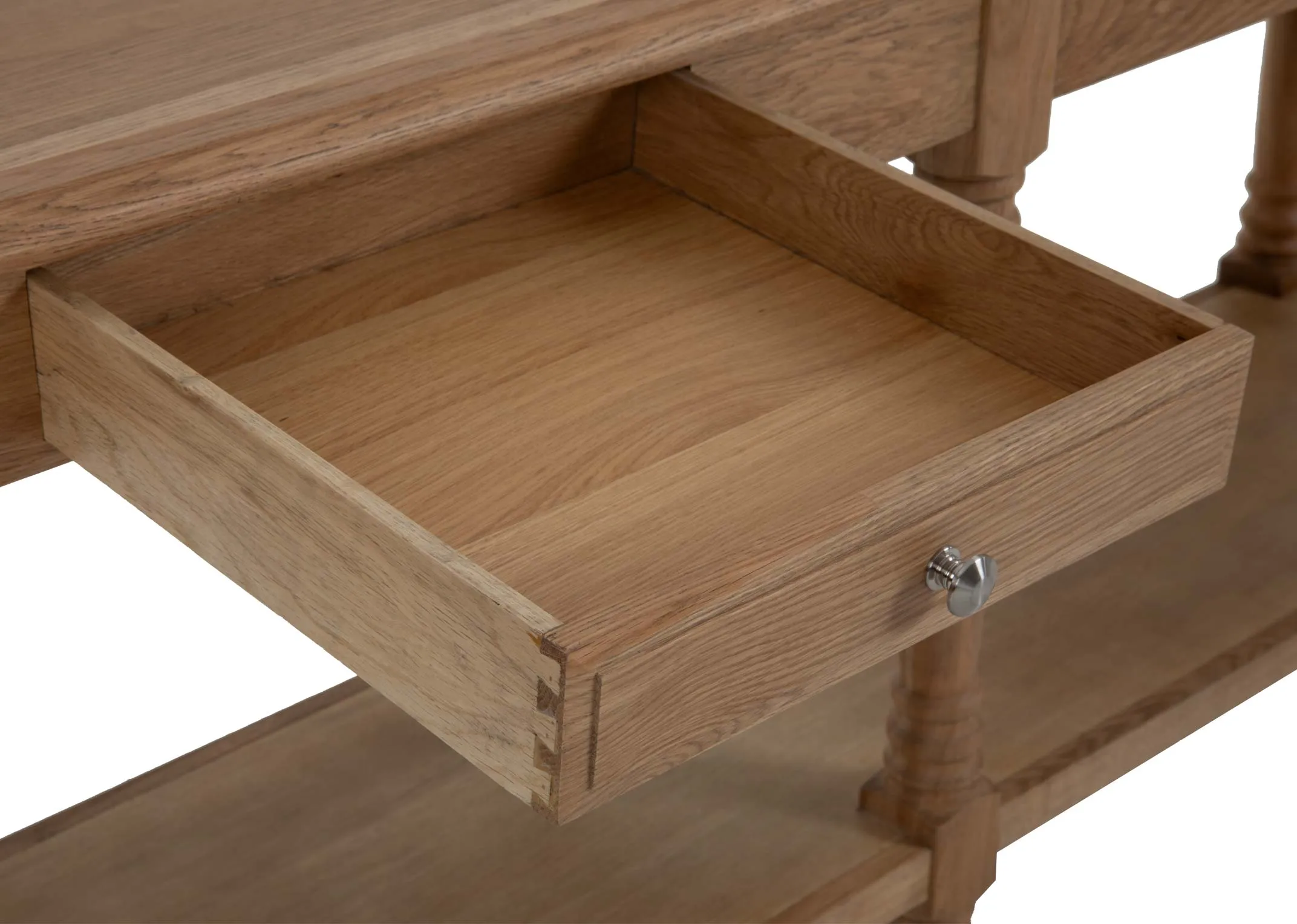 A long oak console table from EZ Livings Iona range. Closeup of drawer open showing internal storage.