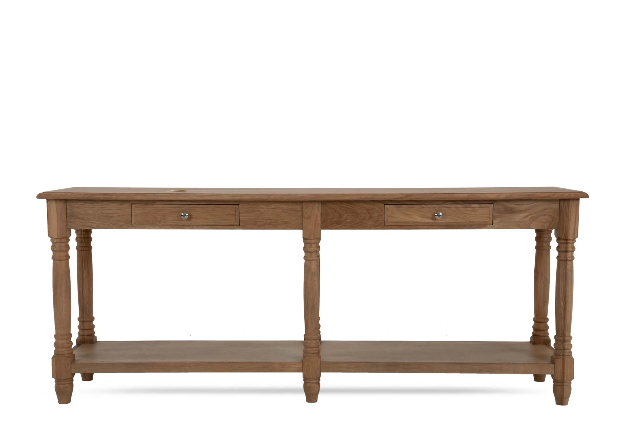 A long oak console table from EZ Livings Iona range. Front view of 6 supportive legs.