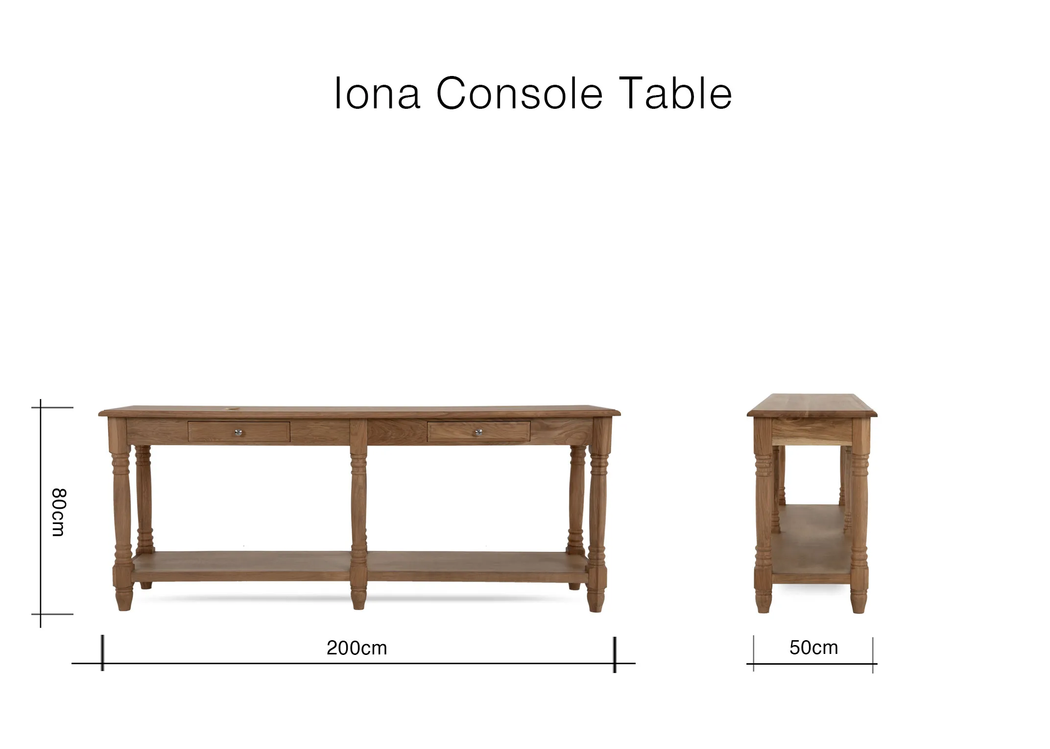 A dimension image of the Iona Console Table with 200cm x 80cm x 50cm