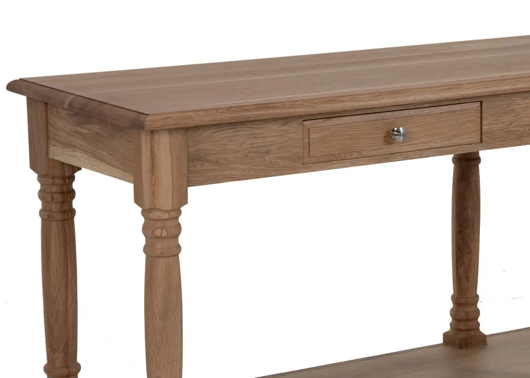 A long oak console table from EZ Livings Iona range. Closeup of wood texture and finish.