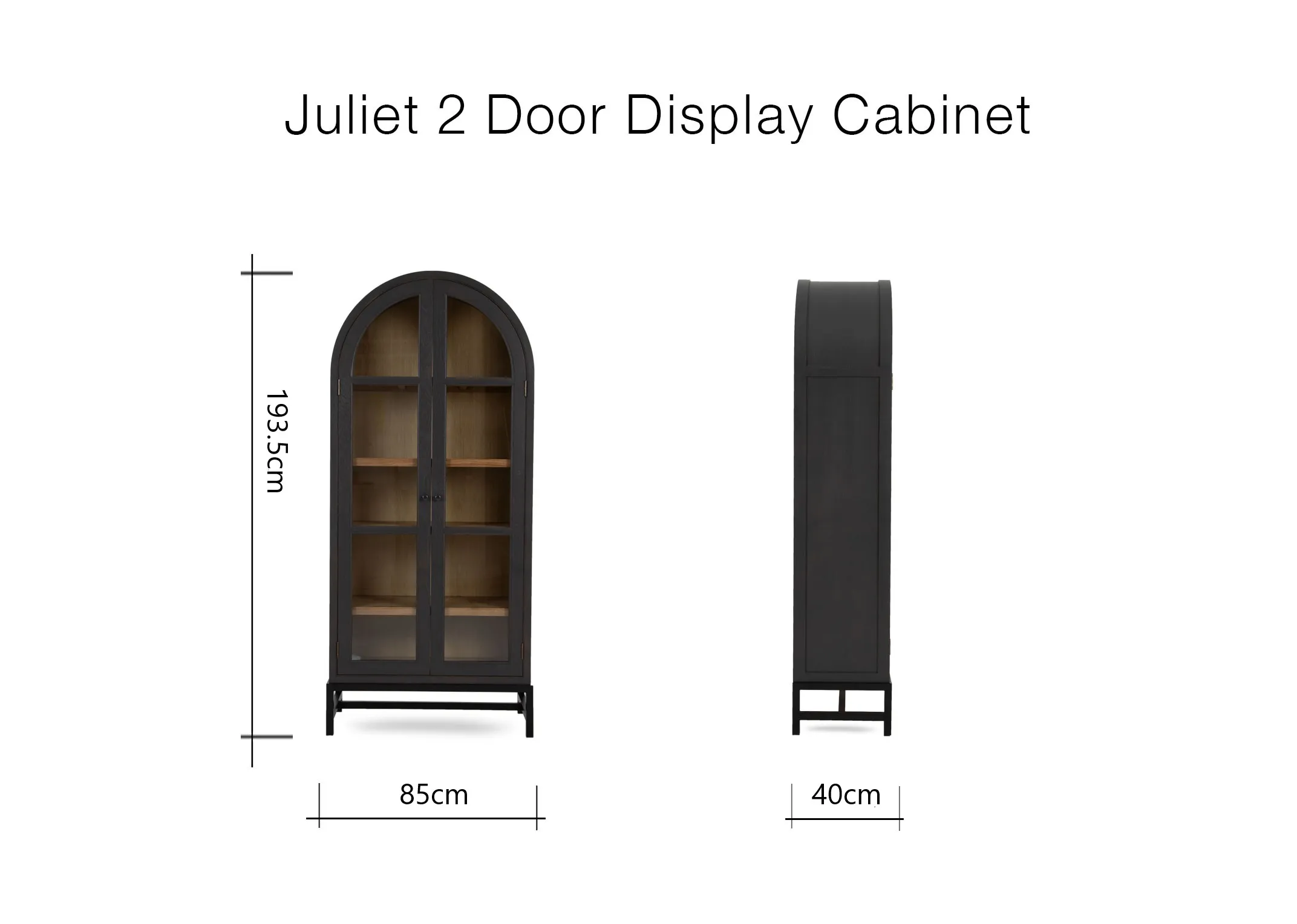 A dimension image of the Juliet Display Cabinet with 85cm x 40cm x 193.5cm 