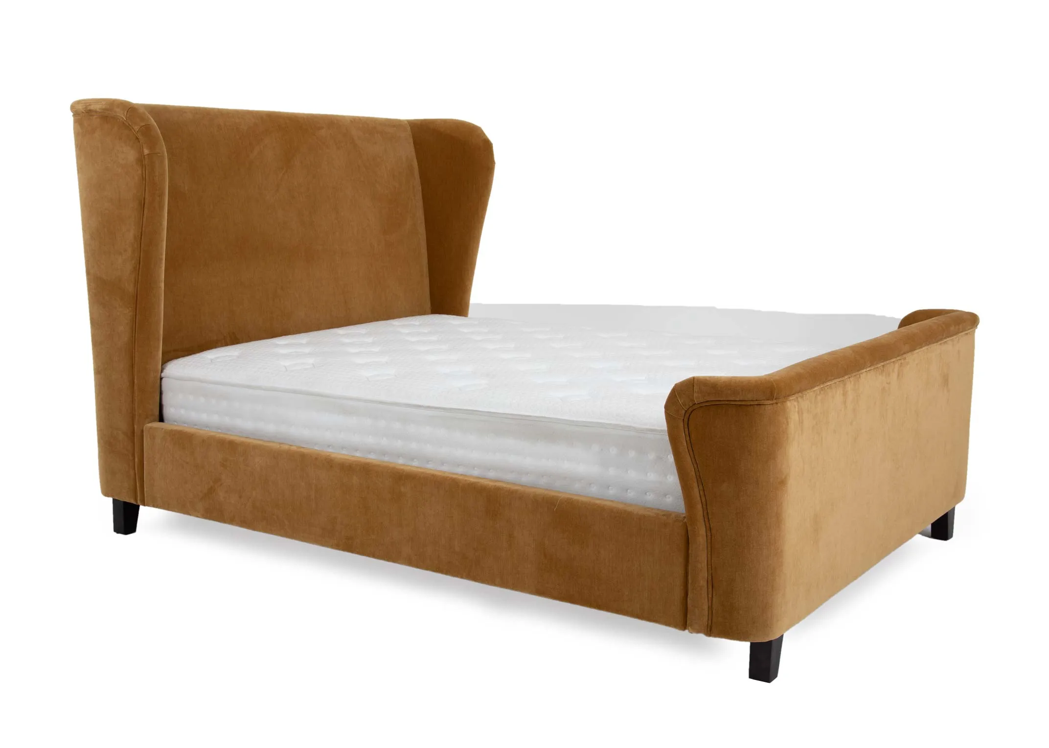 A 5ft gold velvet bedframe from EZ Livings Maison range.Angled view of bed with mattress not included