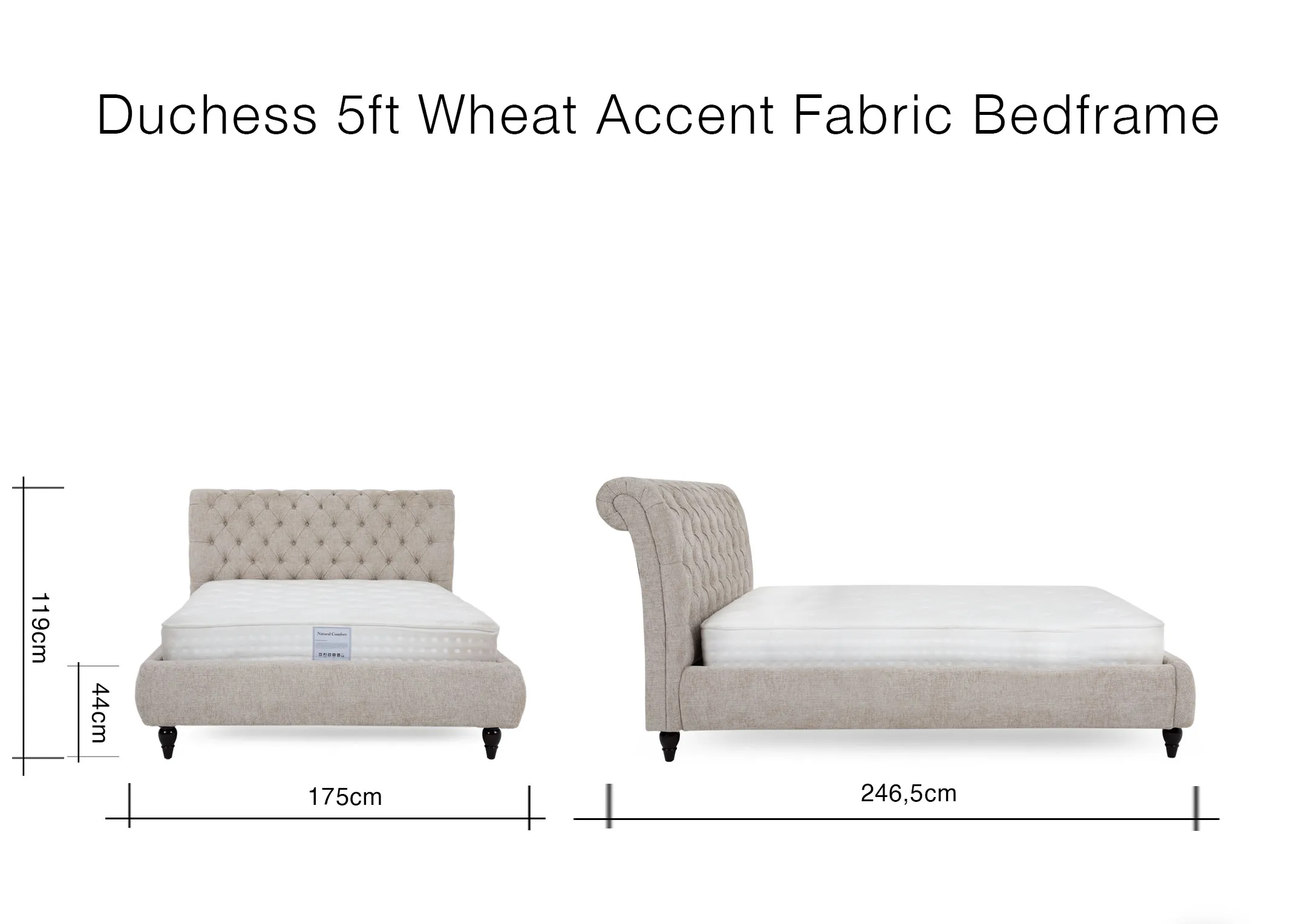 A lifetsyle image of the Duchess beige bedframe with Delilah rug and chevron side locker