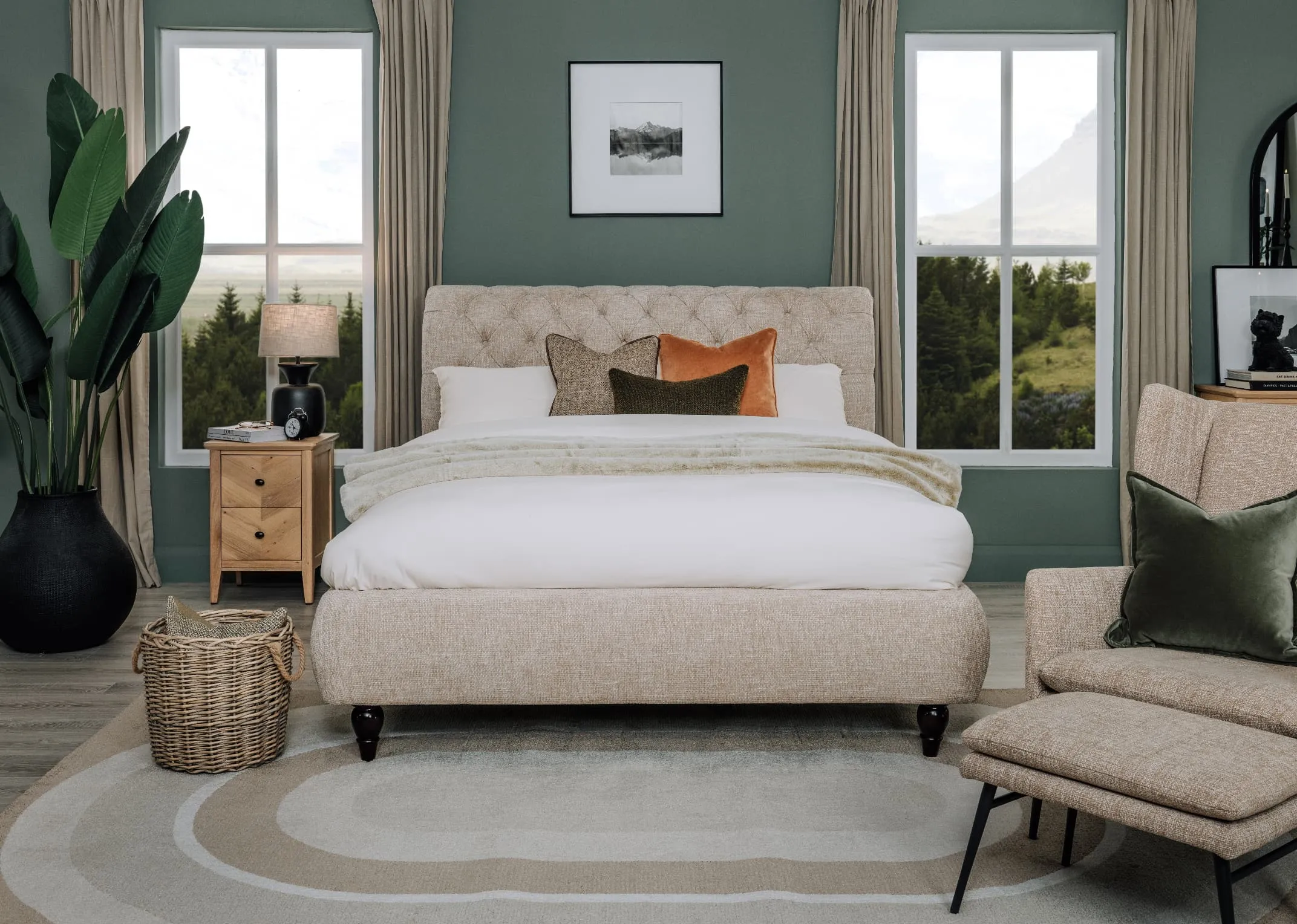 A lifetsyle image of the Duchess beige bedframe with Delilah rug and chevron side locker