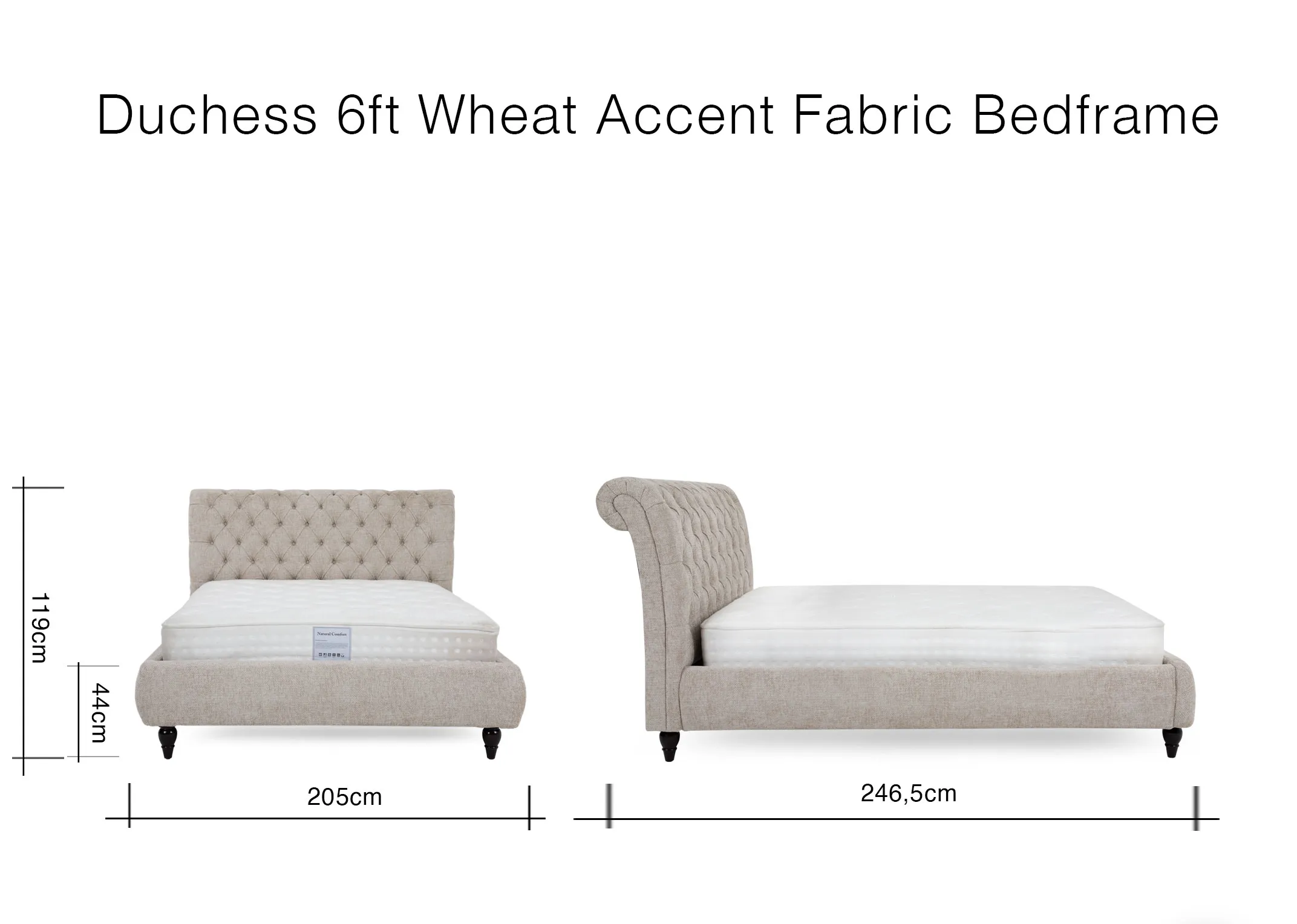 A lifestyle image of the Duchess beige bedframe with delilah rug and chevron oak furniture.