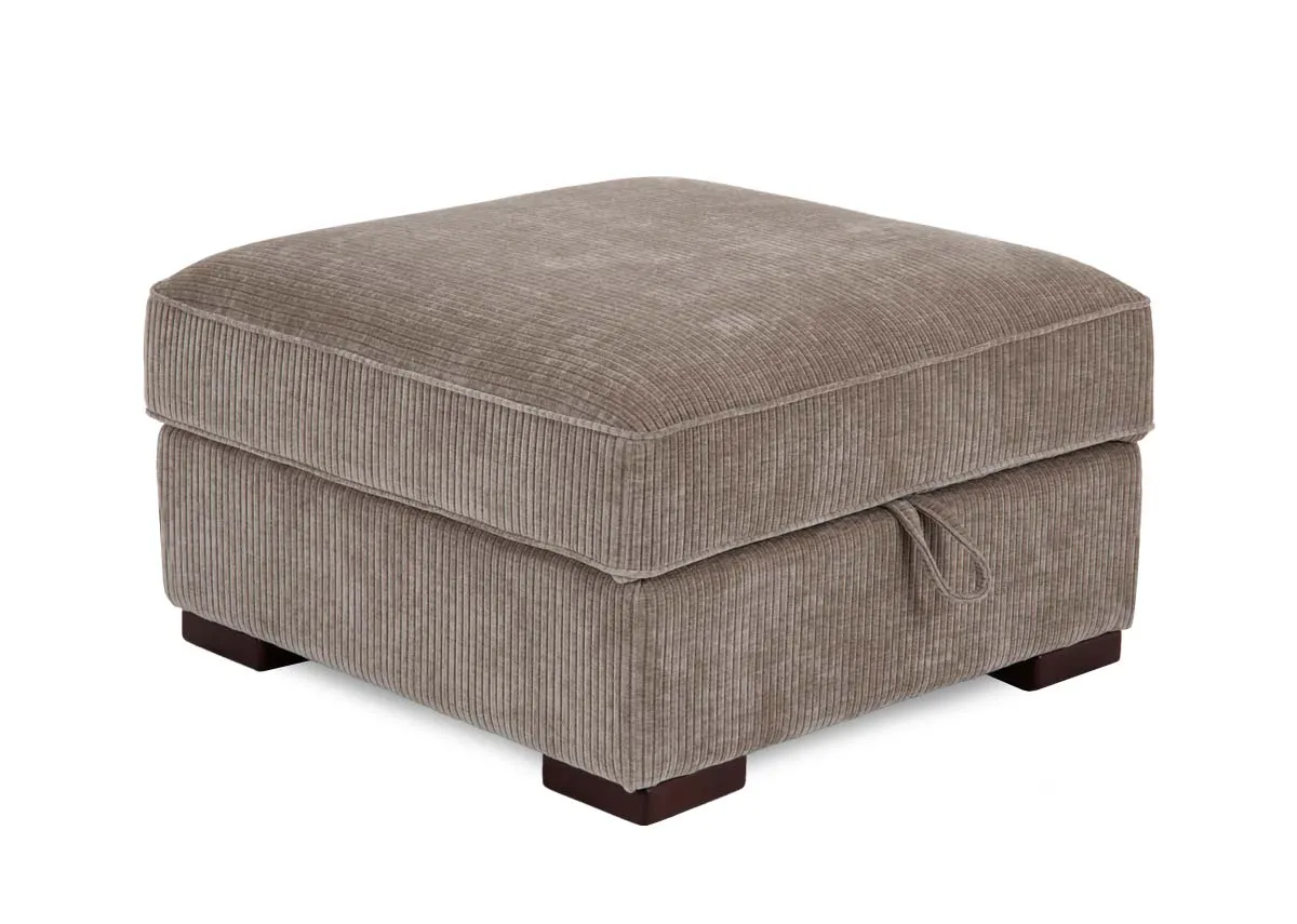 A beige square cord footstool from EZ Livings Westport range. Angled view of tie to side for opening ottoman.