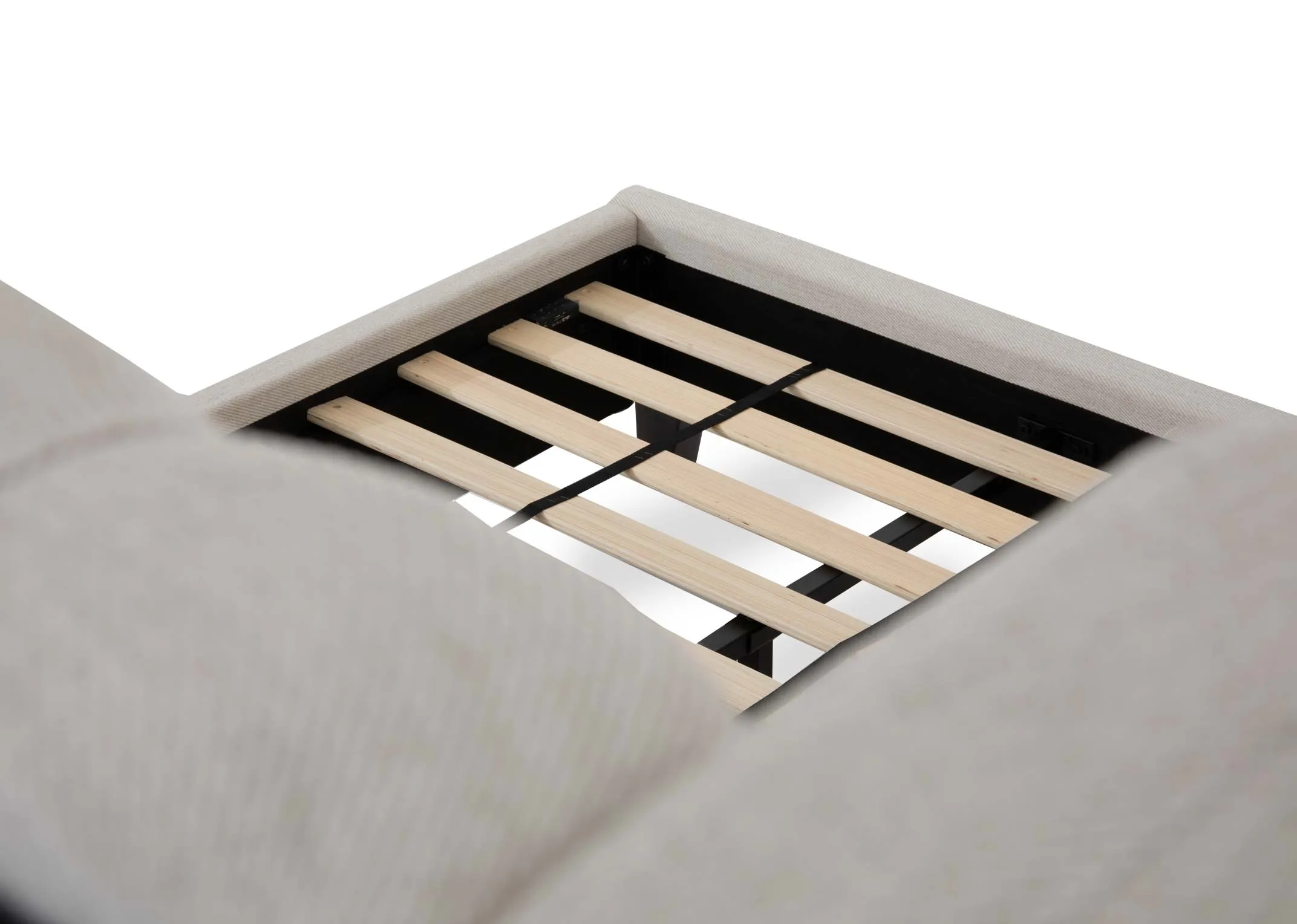 A cream fabric bedframe with high tufted headboard from EZ Livings Enhance range. Closeup of slatted base