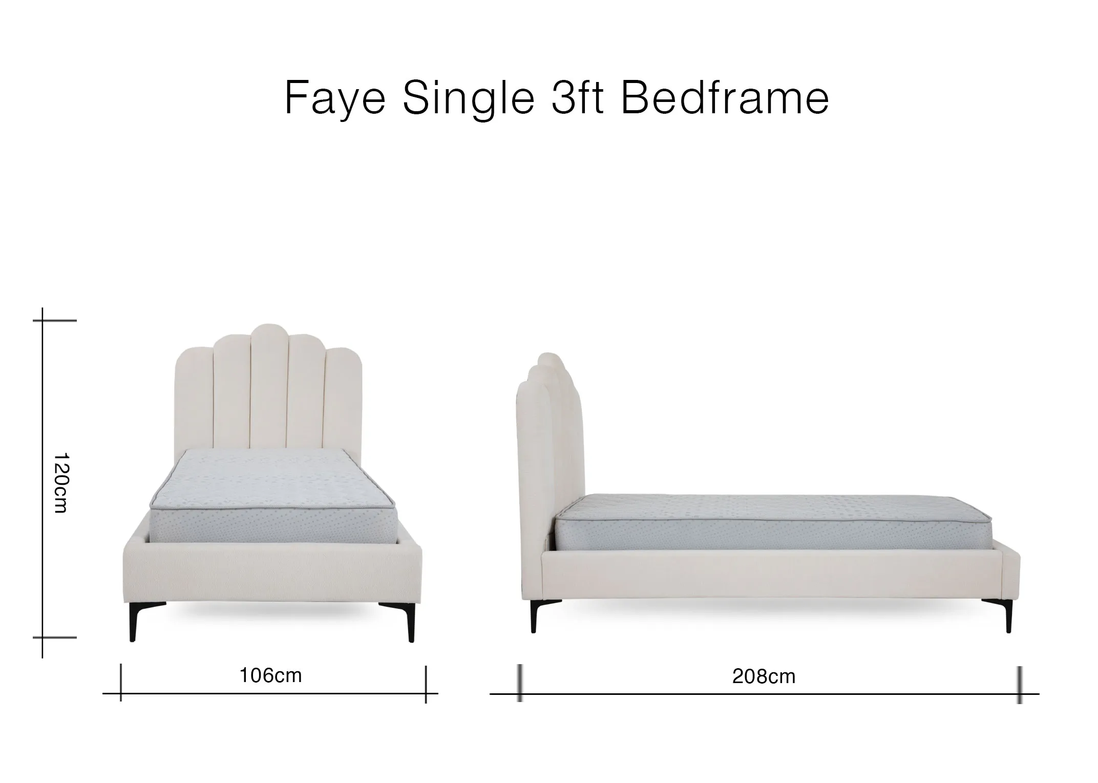 A dimension image of the Faye Single Bed with 106cm x 208cm x 120cm
