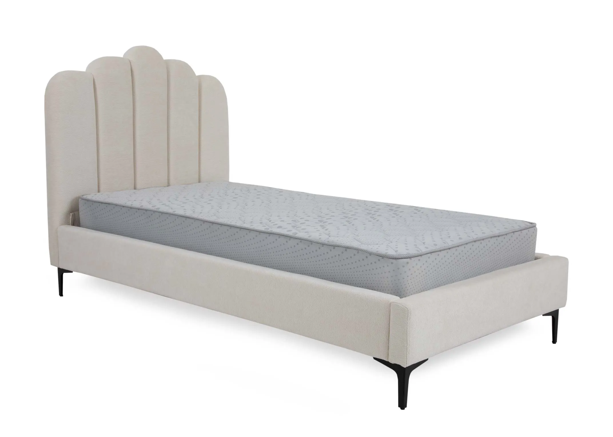 A white single bedframe with scalloped headboard from EZ Livings Faye range. Angled view