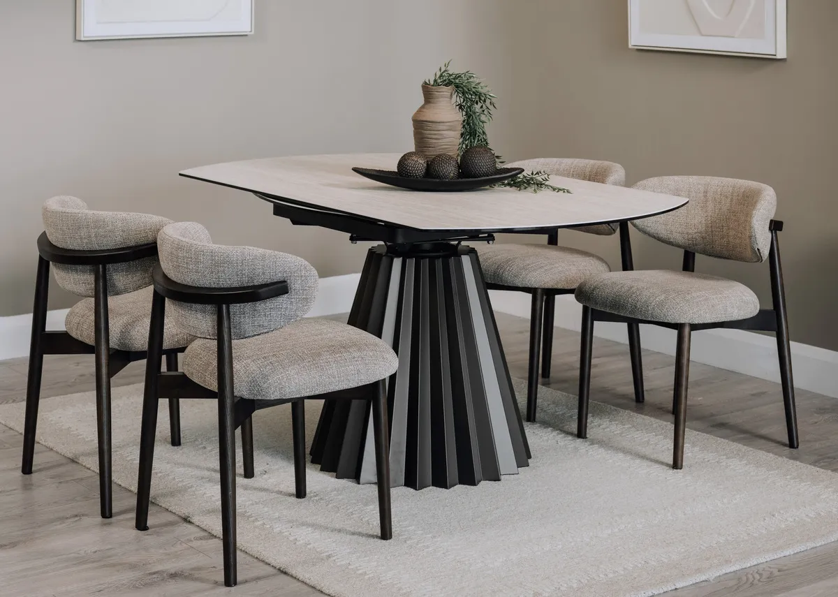 A lifestyle image of the Hazel dining chairs with the Zenith dining table.