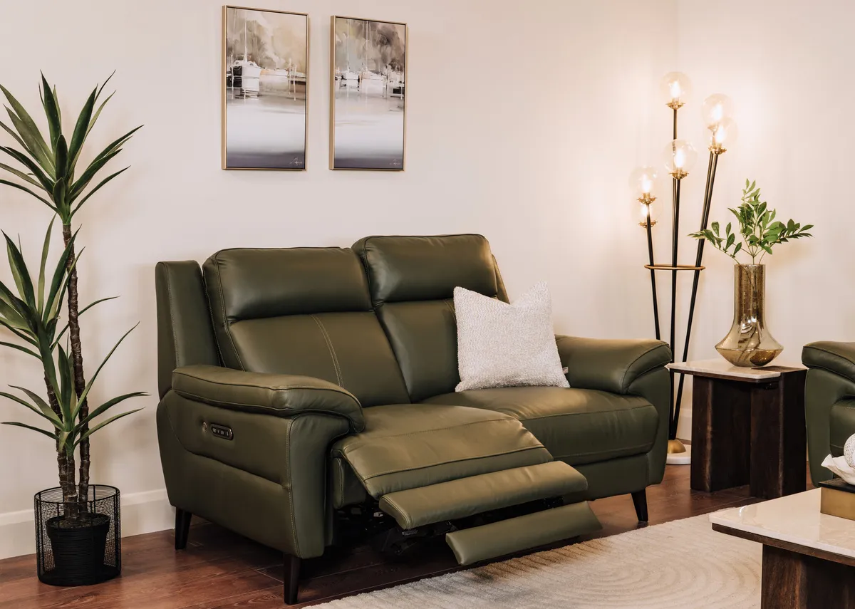2 Seater Green Leather Power Recliner Sofa - Elliot