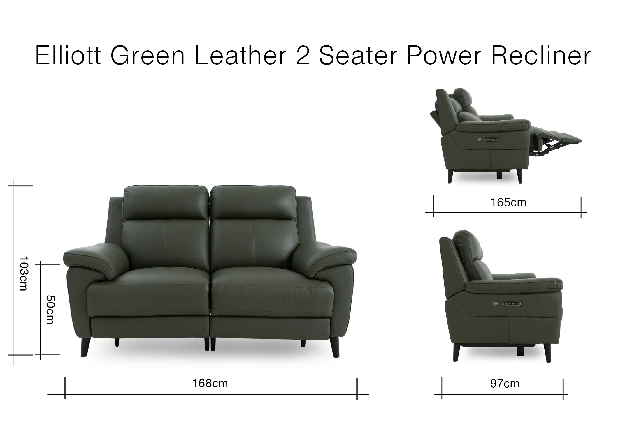 A dimension image of the Elliot Green leather 2 seater with 168cm x 97-165cm and 103cm Height