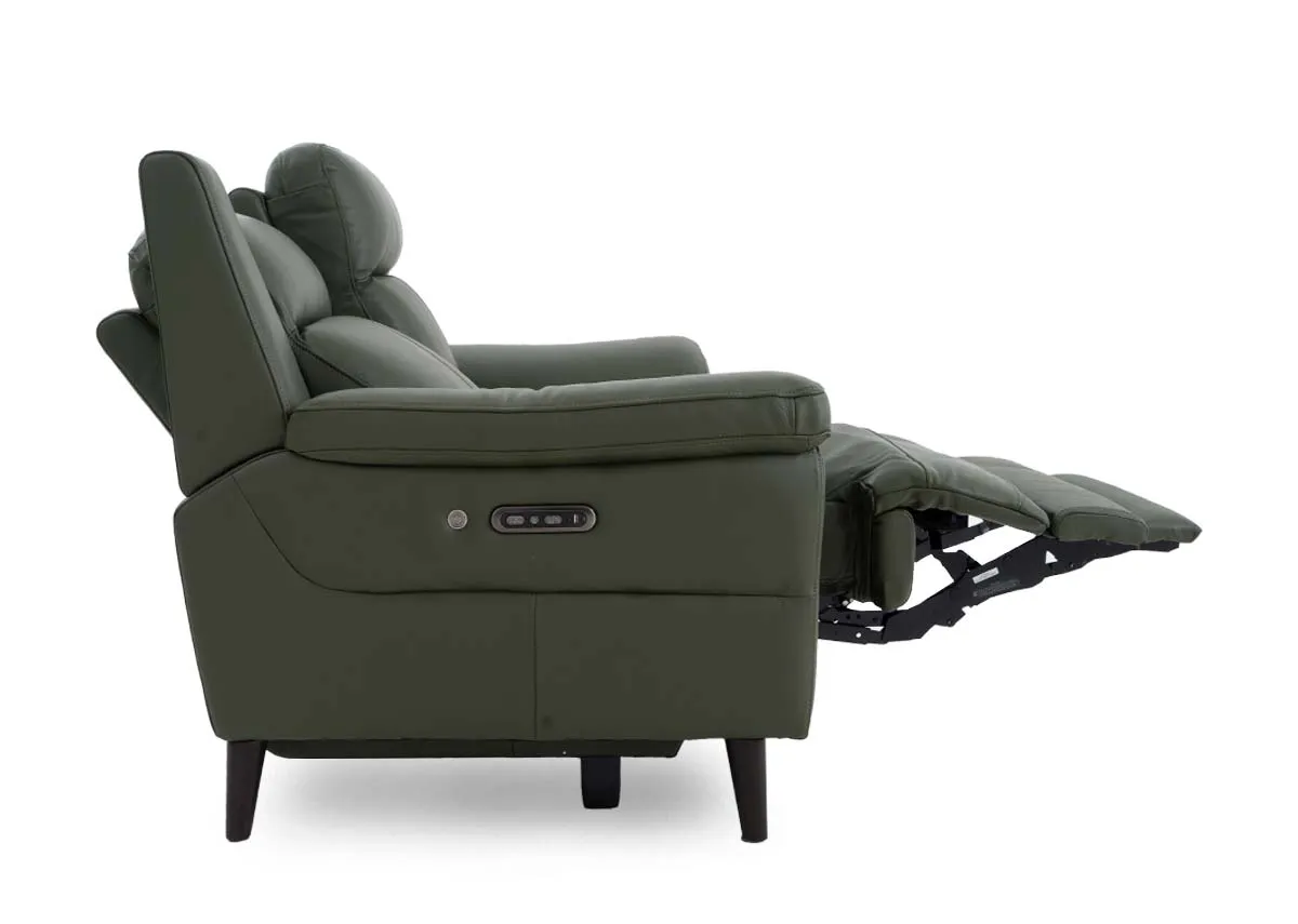 A 2 seater leather power recliner from EZ Livings Elliot range. Side view of sofa reclined