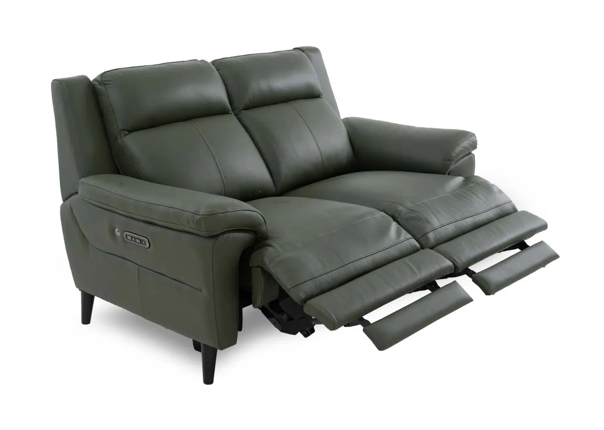 A 2 seater leather power recliner from EZ Livings Elliot range. Angled veiw of reclined sofa