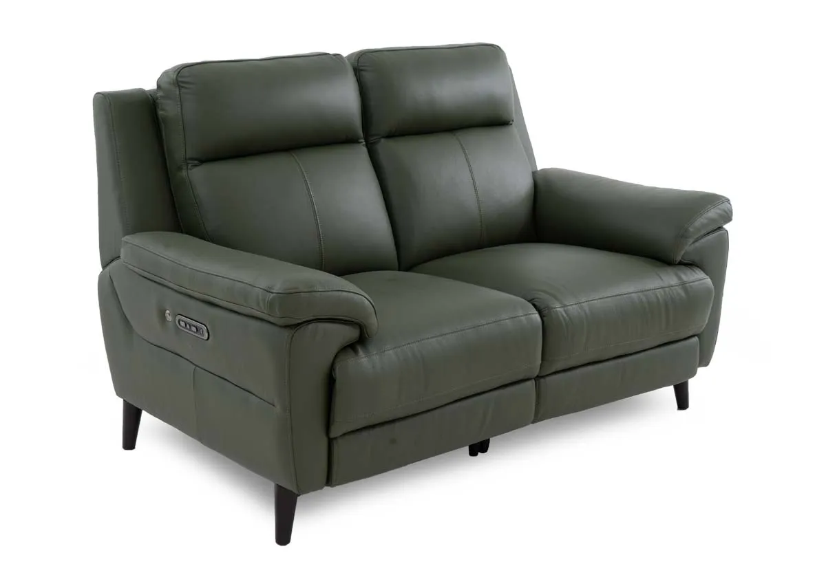 2 Seater Green Leather Power Recliner Sofa - Elliot