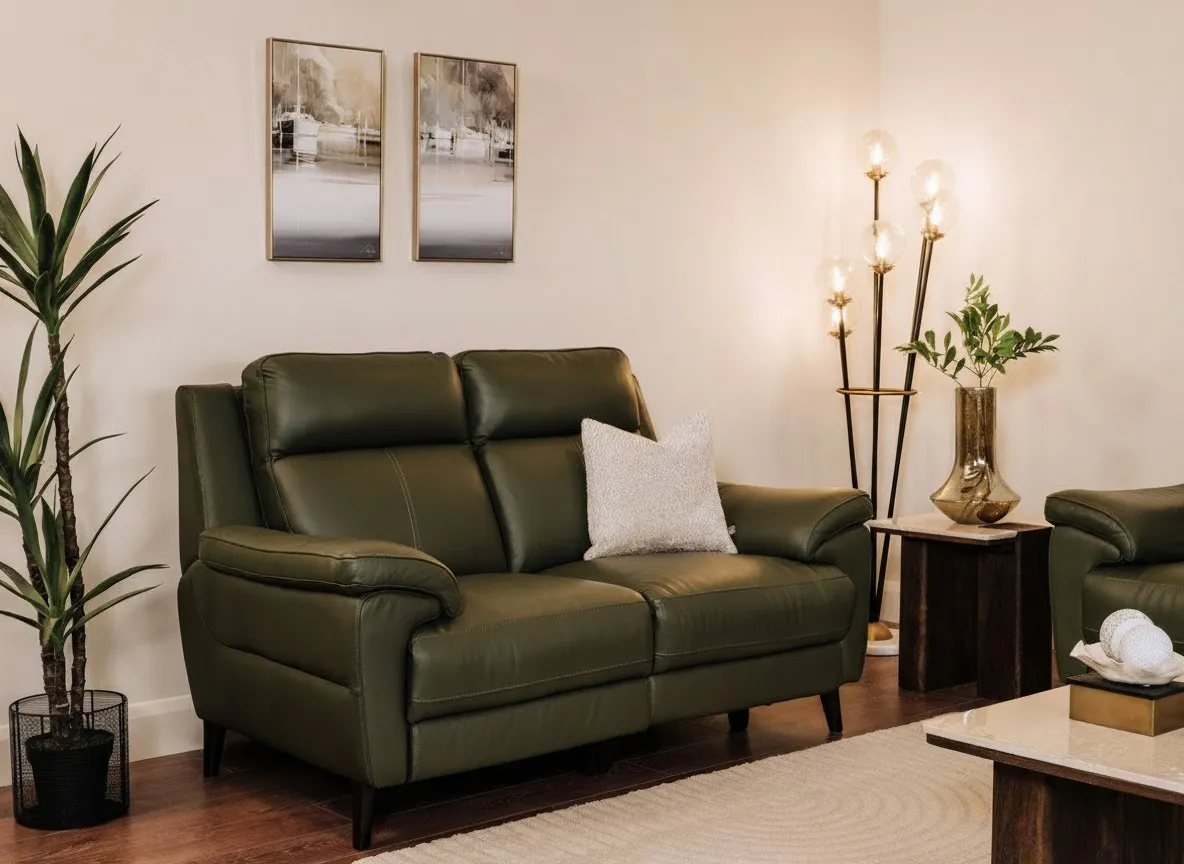 2 Seater Green Leather Sofa - Elliot