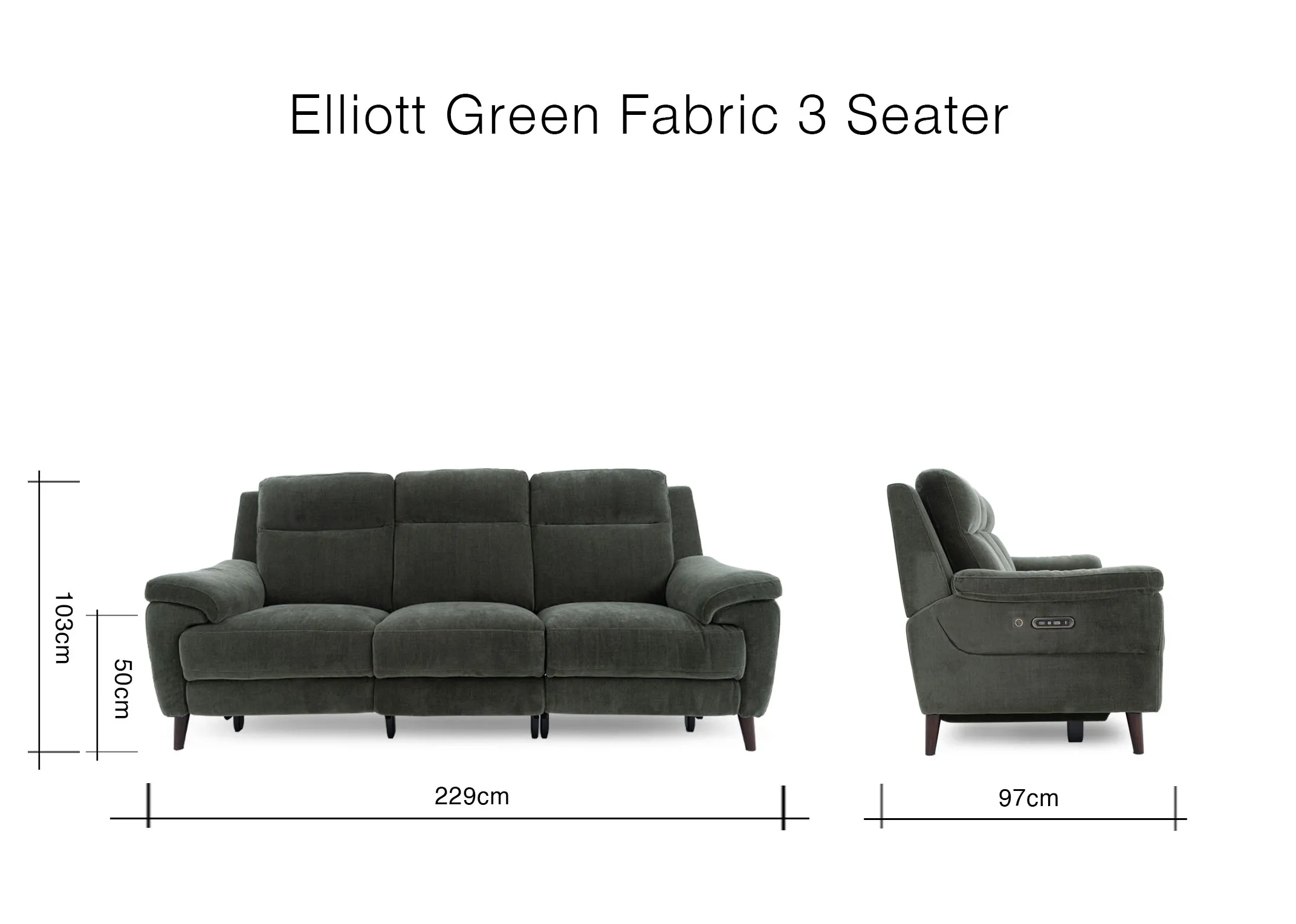 A dimension image of the Elliot 3 SEater Green fabric sofa with 229cm x 97cm x 103cm