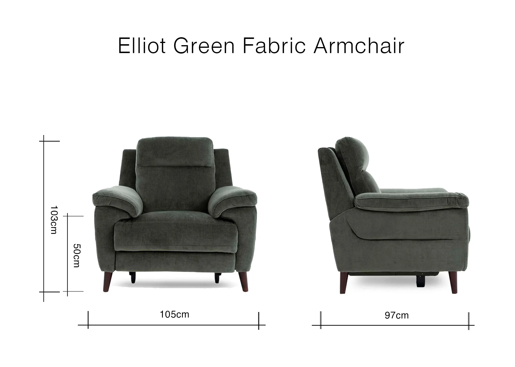 A dimension image of the Elliot fabric armchair with 105cm x 97cm x103cm 