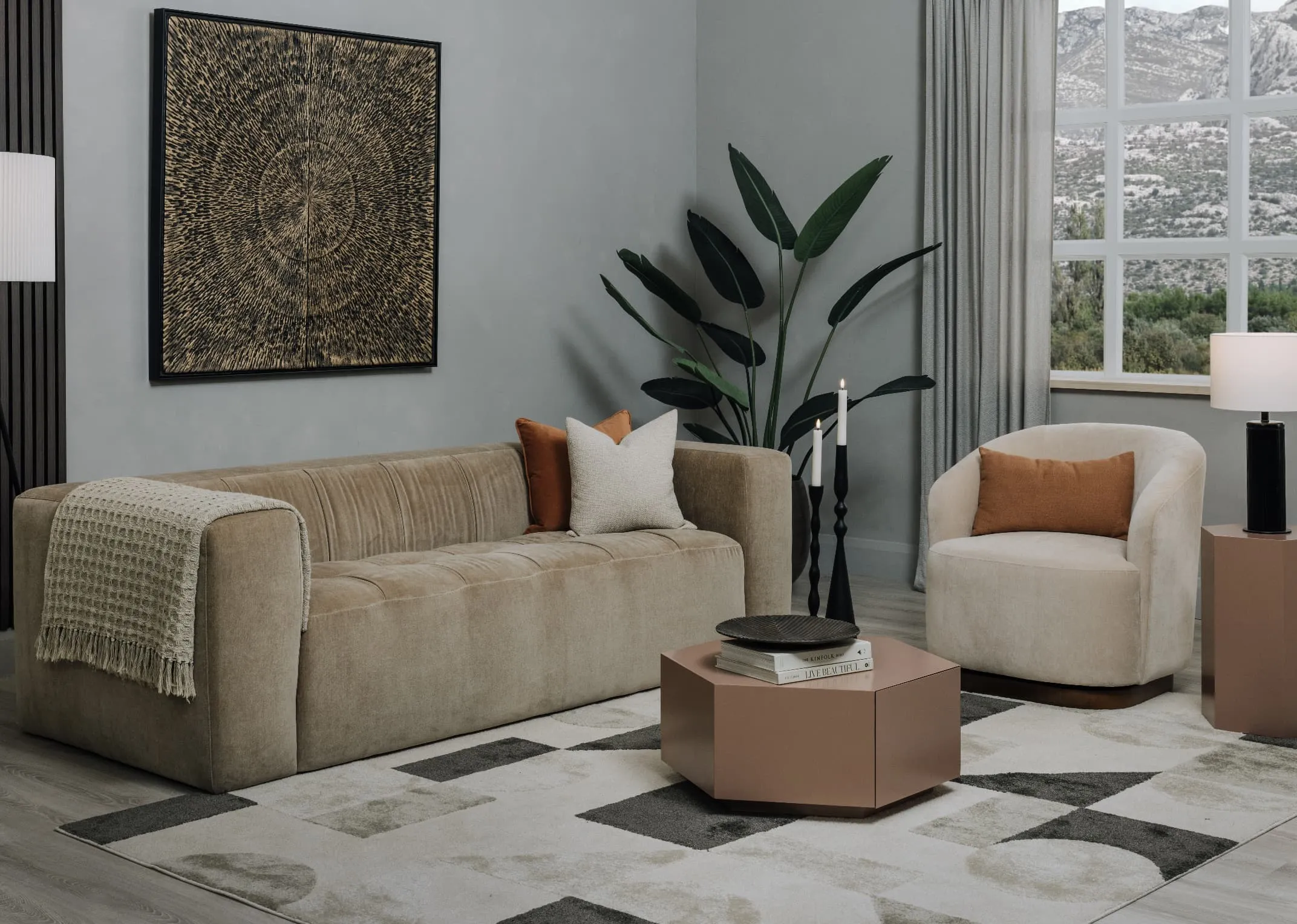 A lifetsyle image of the Hamilton sofa and Derby swivel with bruni rug and Jonas mocha tables.