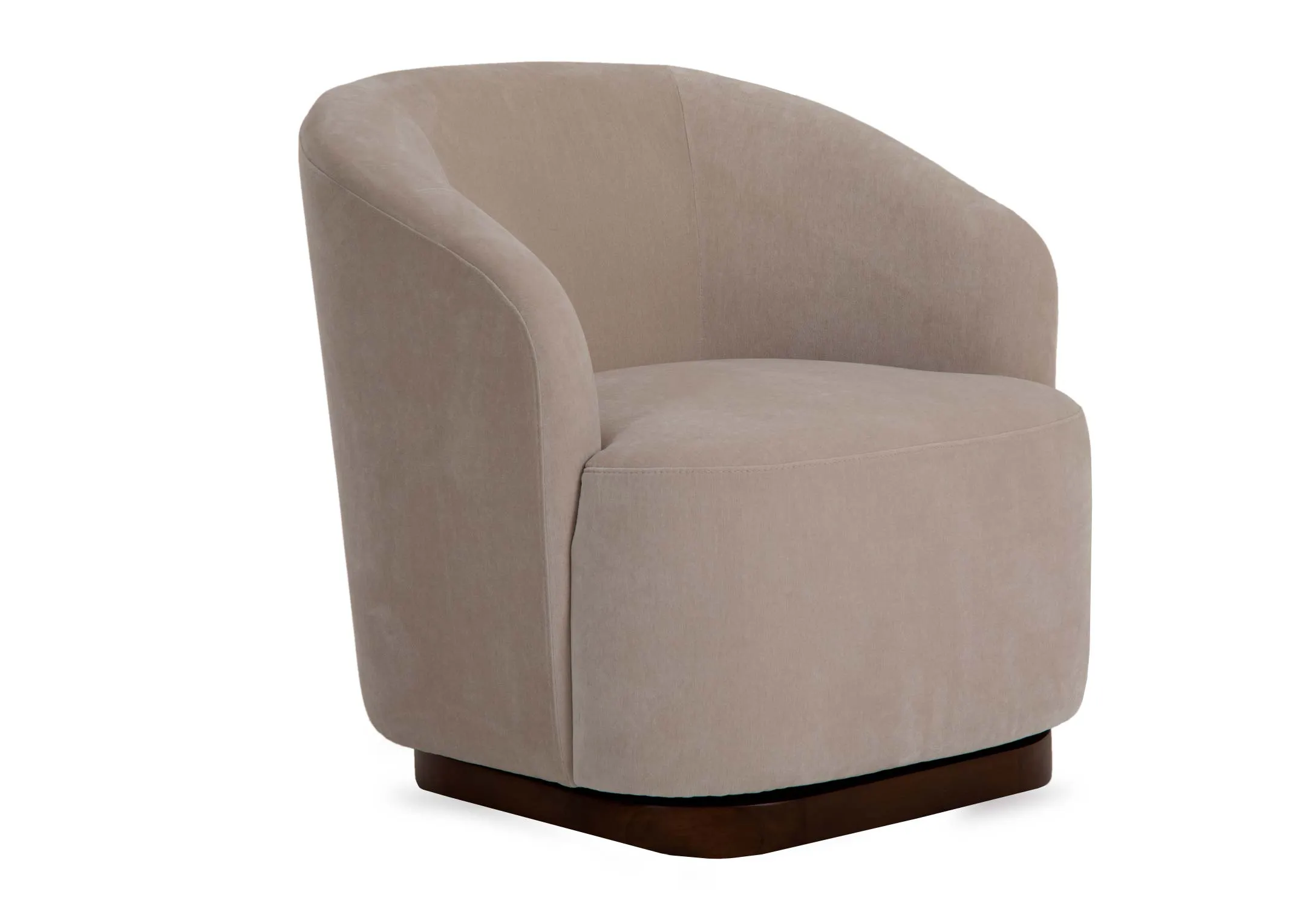 A sand fabric swivel chair with curved back and padded seat from EZ Livings Derby range. Angled view of chair.