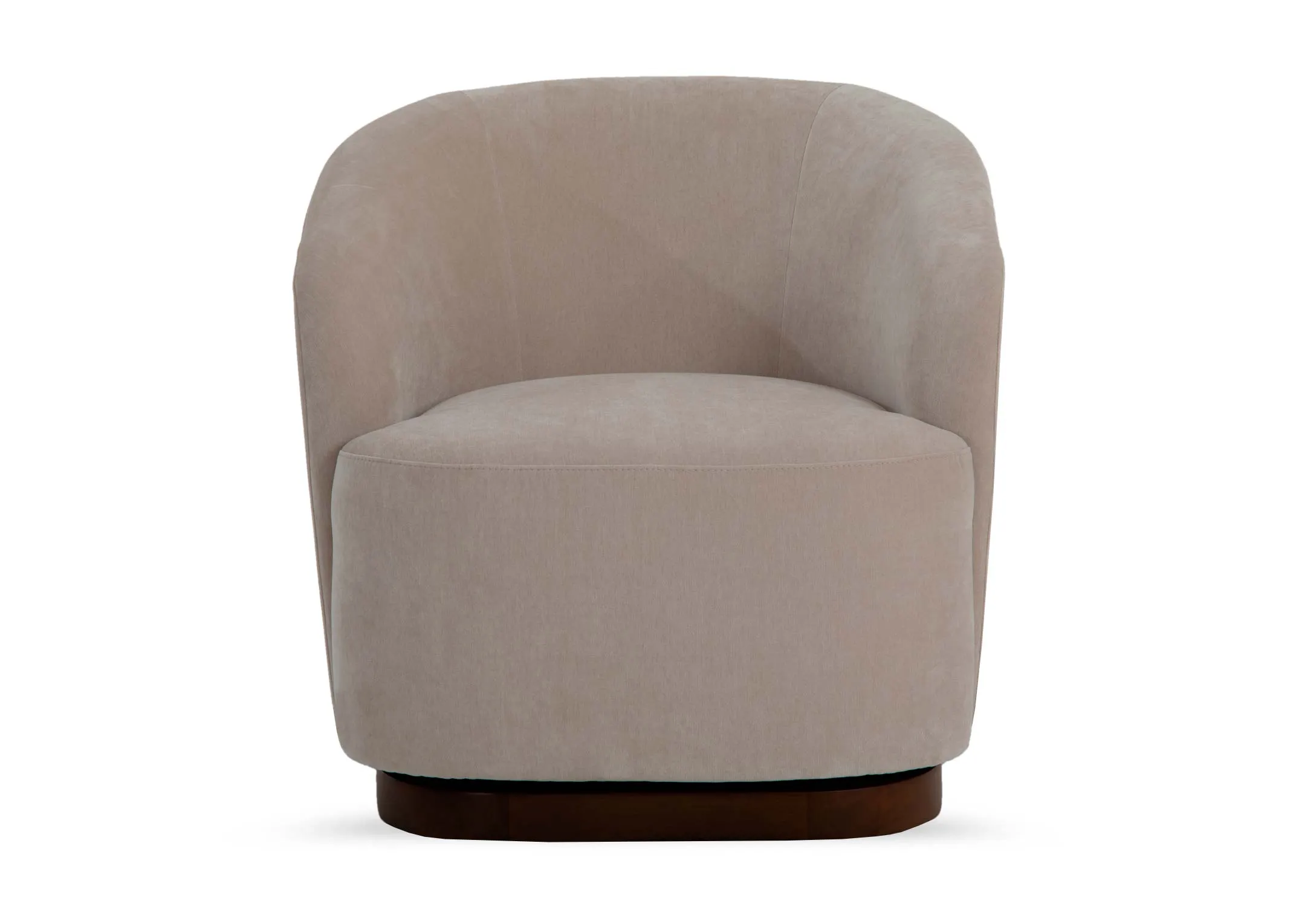 A sand fabric swivel chair with curved back and padded seat from EZ Livings Derby range. Side view