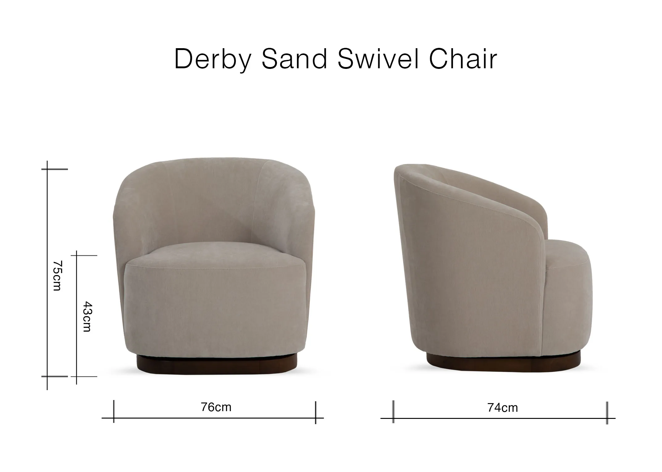 A dimension image of the Derby Swivel Chair with 74cm x 76cm x 75cm