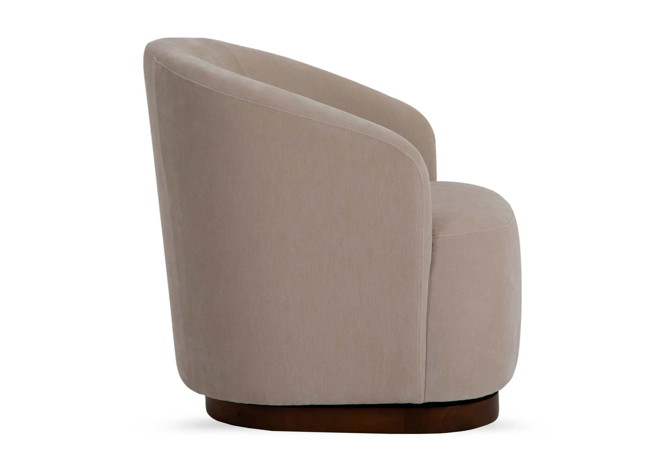 A sand fabric swivel chair with curved back and padded seat from EZ Livings Derby range. Back view