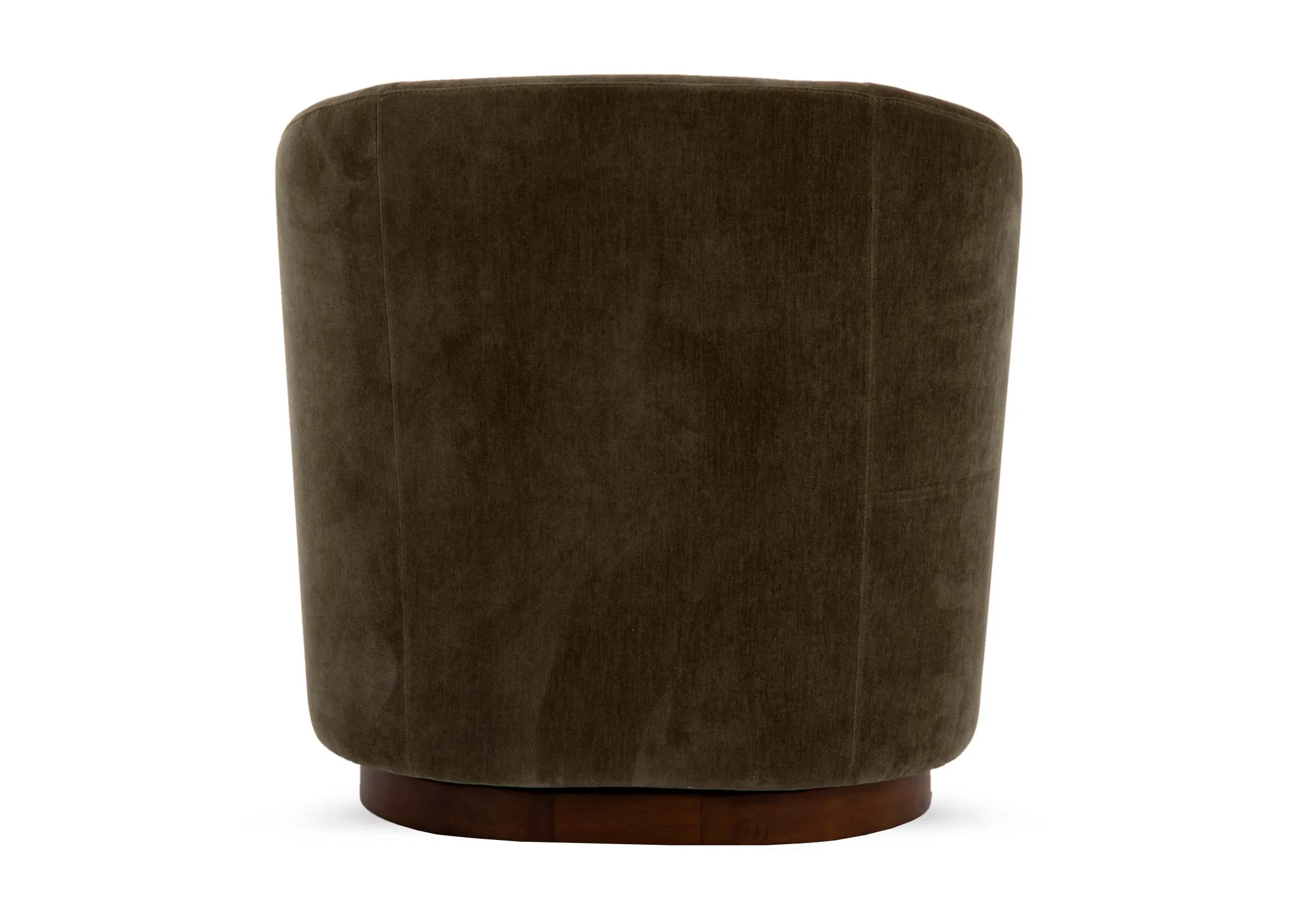 A green fabric swivel chair with curved back and padded seat from EZ Livings Derby range. Back view