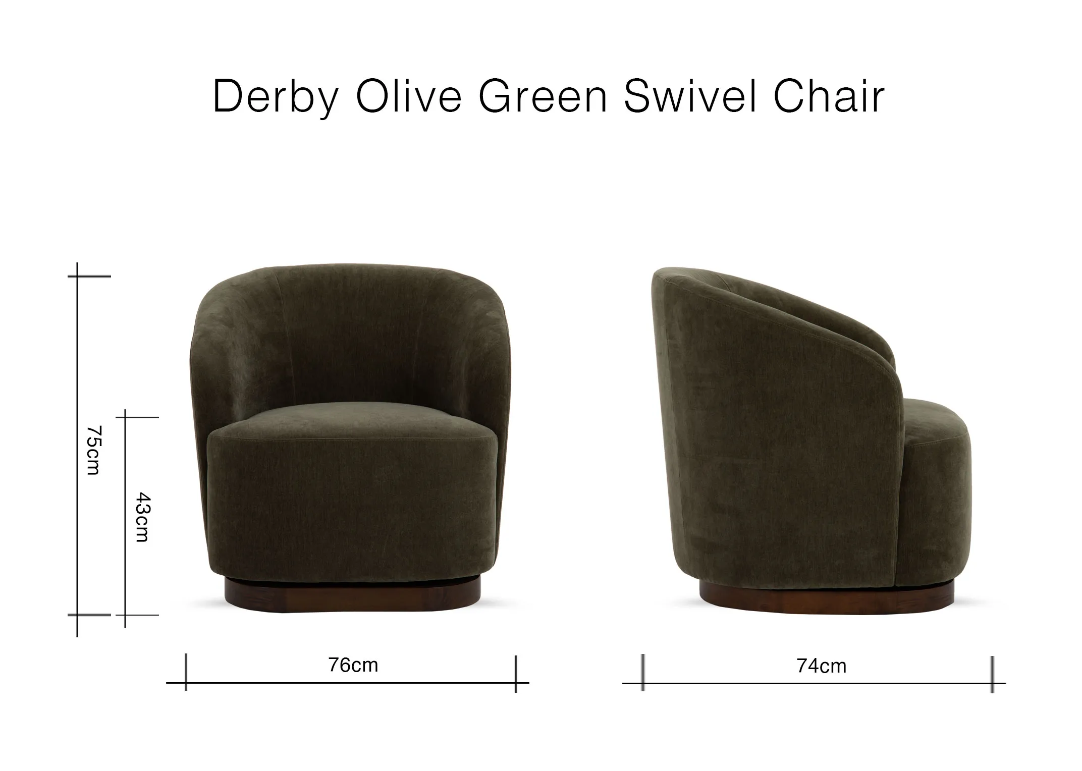 A dimension image of the Derby Swivel Chair with 74cm x 76cm x 75cm