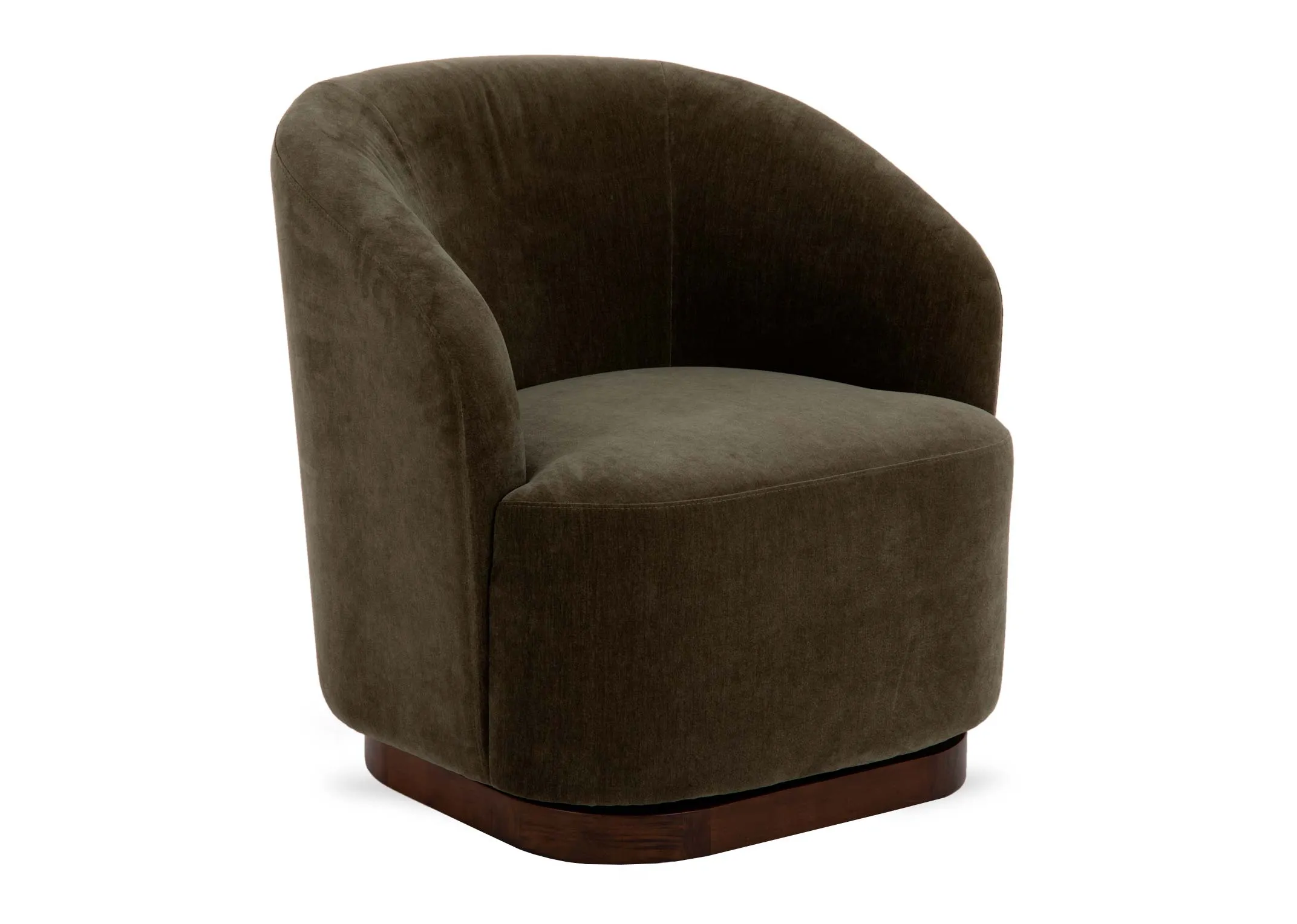 A green fabric swivel chair with curved back and padded seat from EZ Livings Derby range. Angled view of chair.