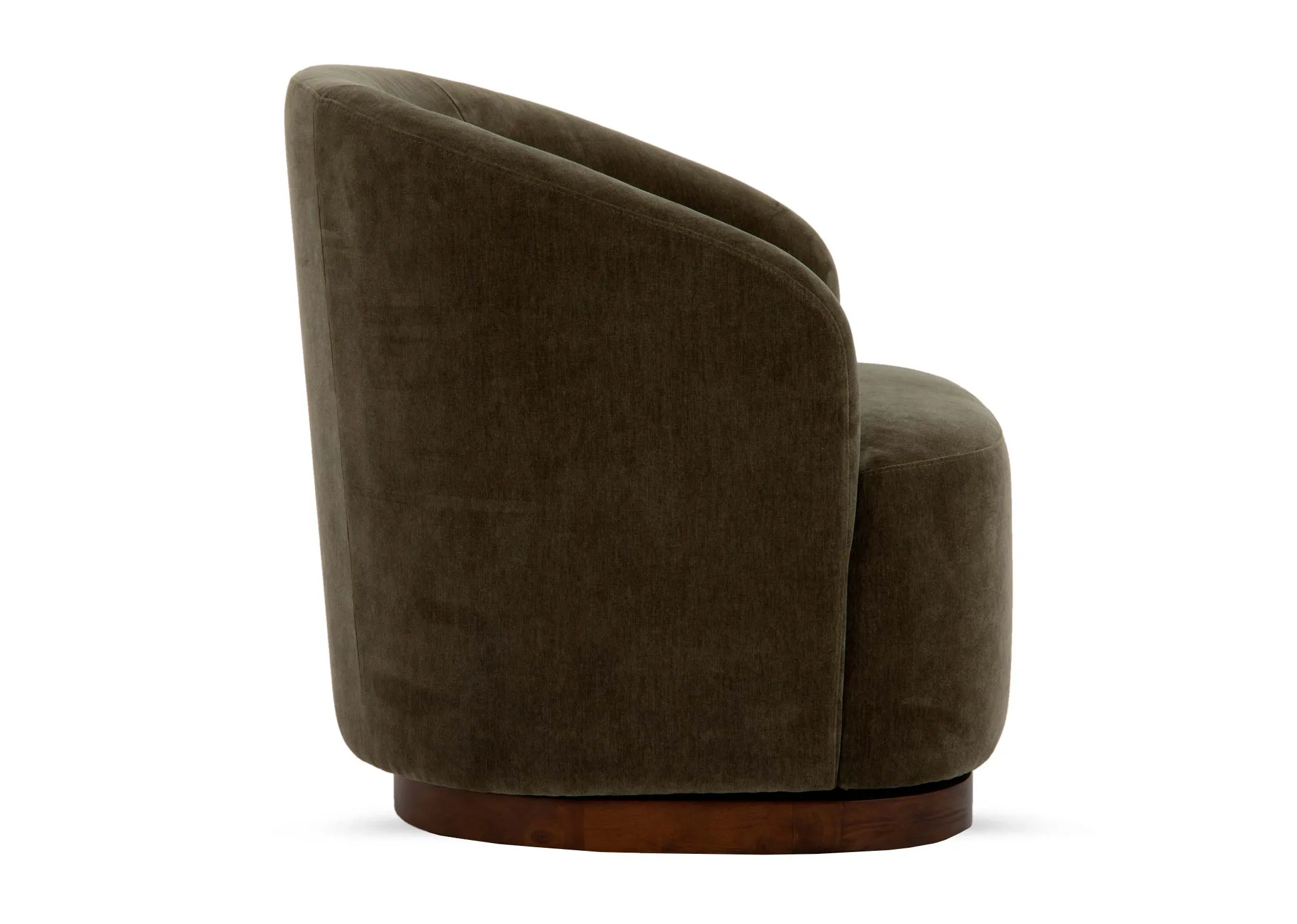 A green fabric swivel chair with curved back and padded seat from EZ Livings Derby range. Side view