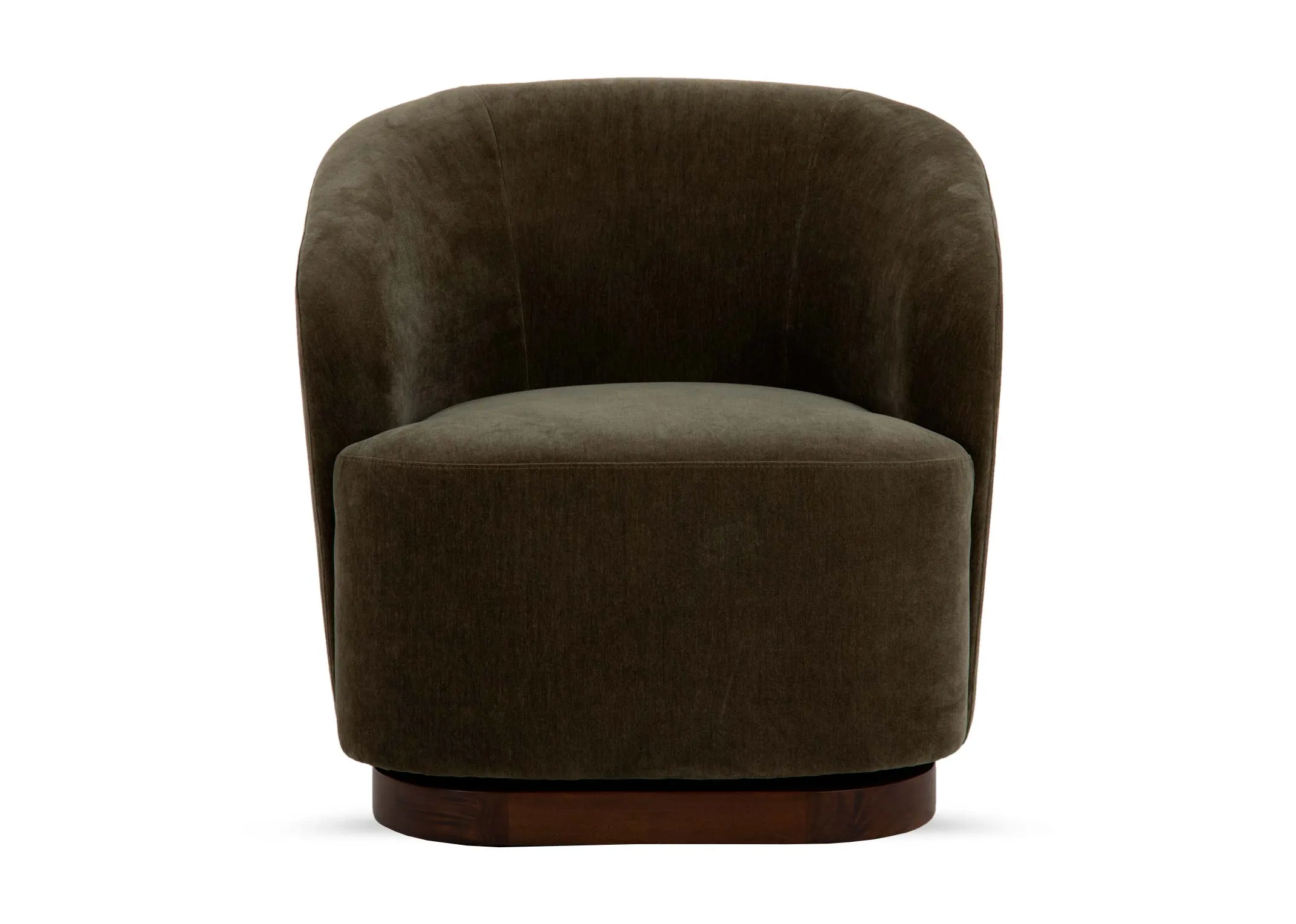 A green fabric swivel chair with curved back and padded seat from EZ Livings Derby range. Front view of curved back.