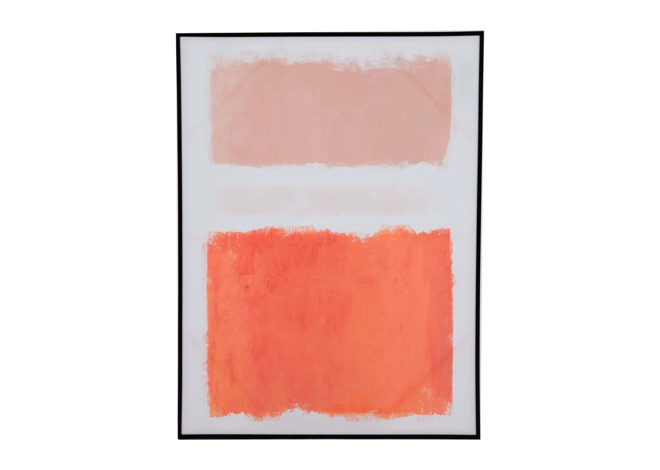 A black frame canvas with orange and white print from EZ Livings Limitless range. Front view of uneven rectangular shapes.