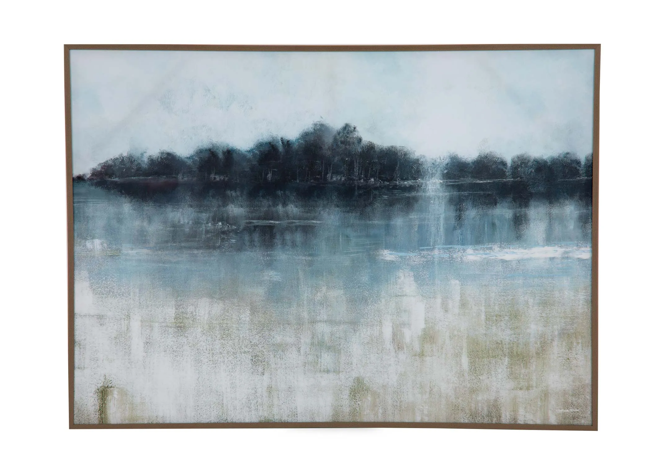 A framed lake landscape image in blue and white from EZ Livings Adrift range. Front view