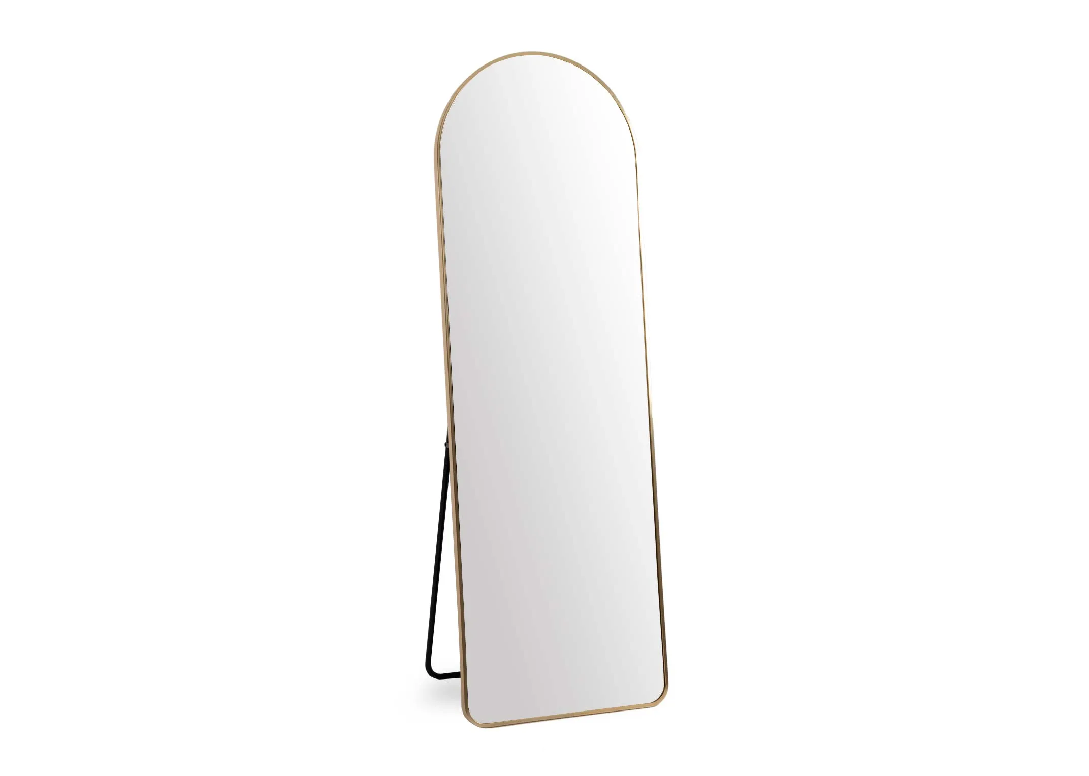 A large free standing mirror with arched top from EZ Livings Vance range. Angled view shows stand
