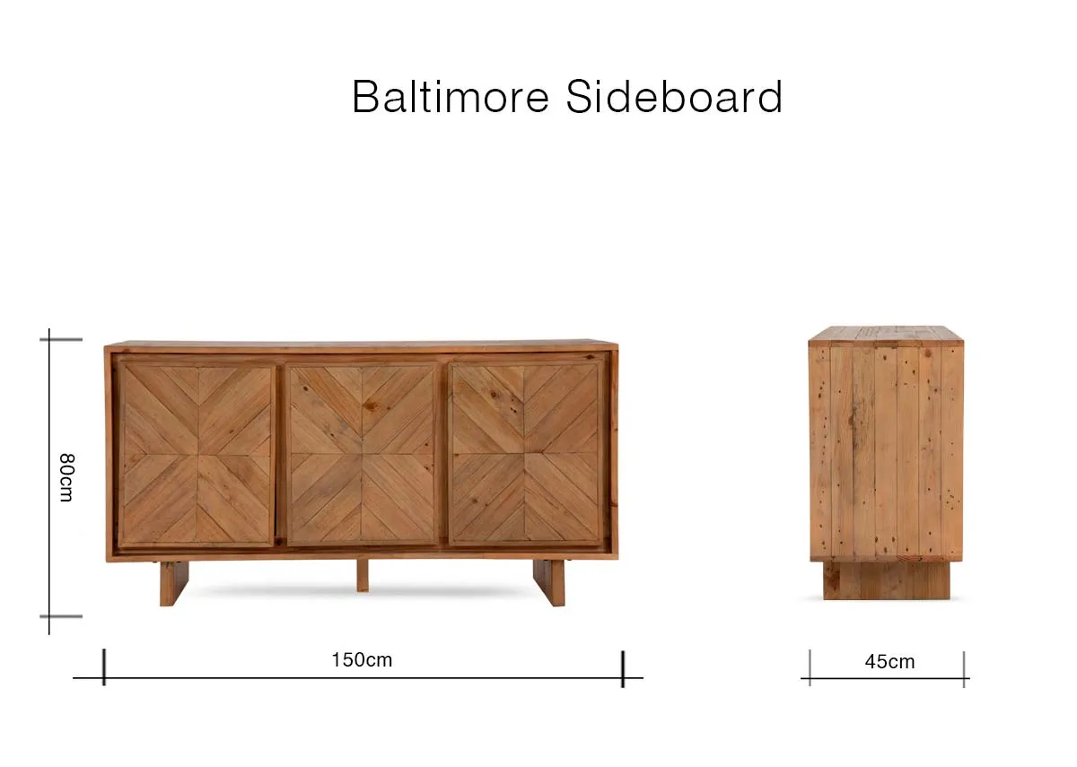 A dimension image of the Baltimore Sideboard with  150cm x 45cm x 80cm