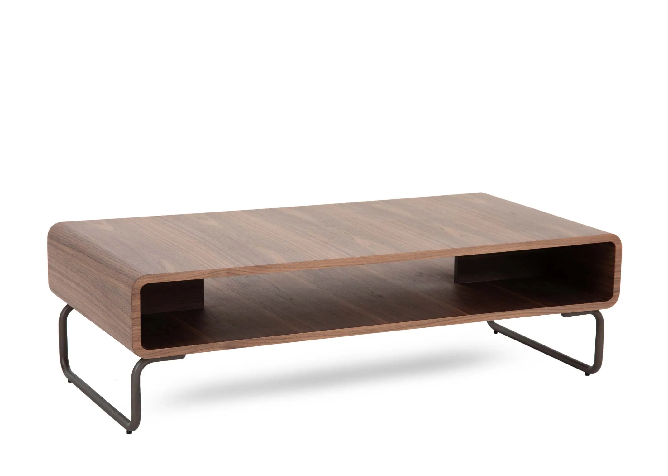 A walnut veneer rectangular coffee table from EZ Livings Uptown range. Angled view of metal legs and lower shelf.