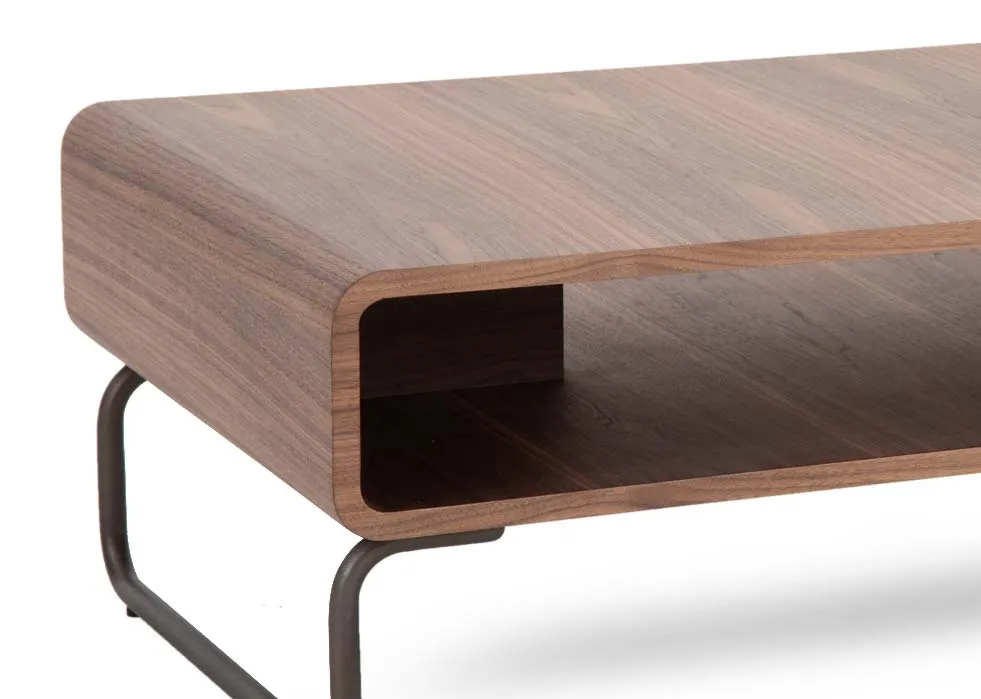 A walnut veneer rectangular coffee table from EZ Livings Uptown range. Closeup of wood accent and metal legs.