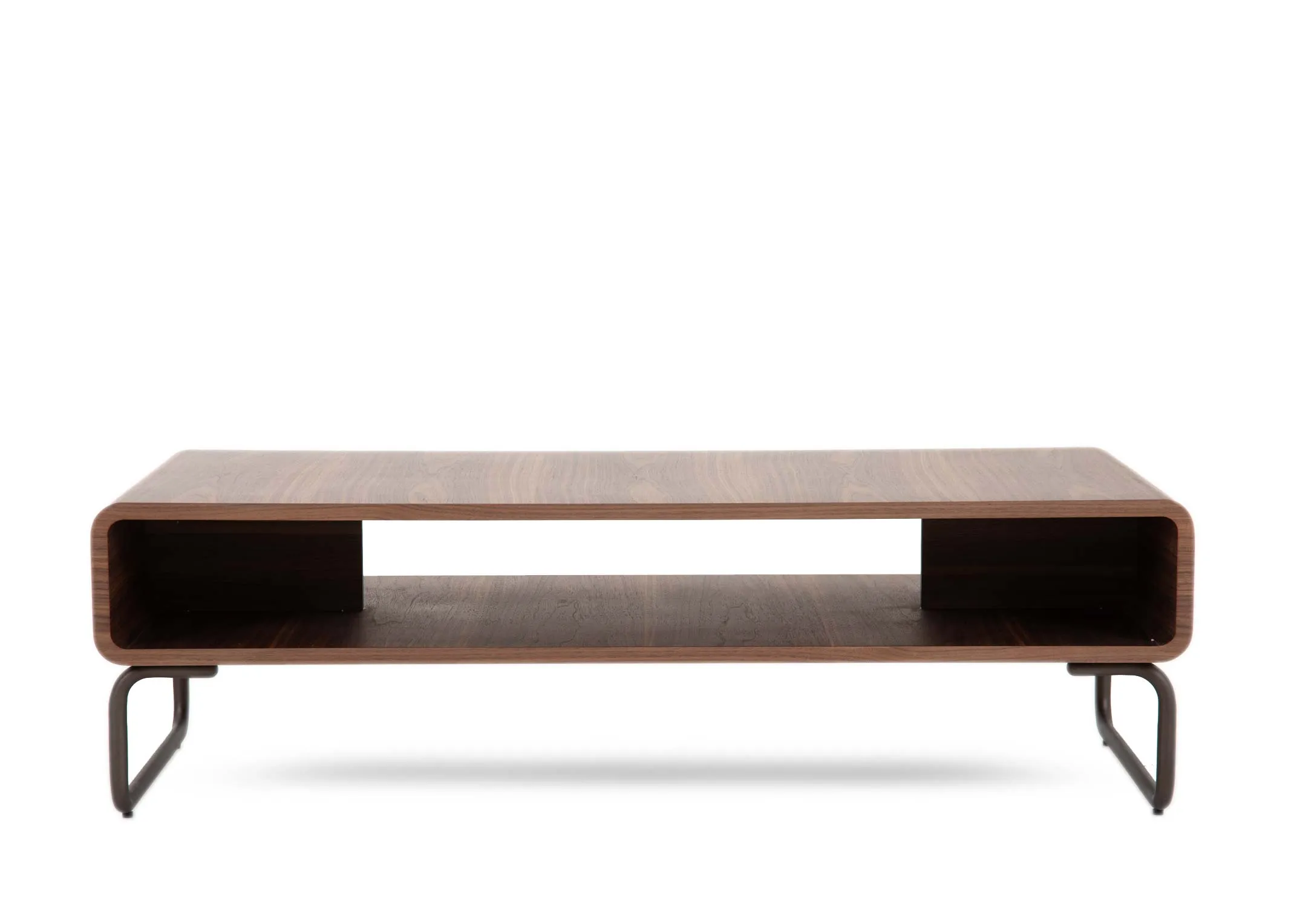 A walnut veneer rectangular coffee table from EZ Livings Uptown range. Front view of wide shelf space for books