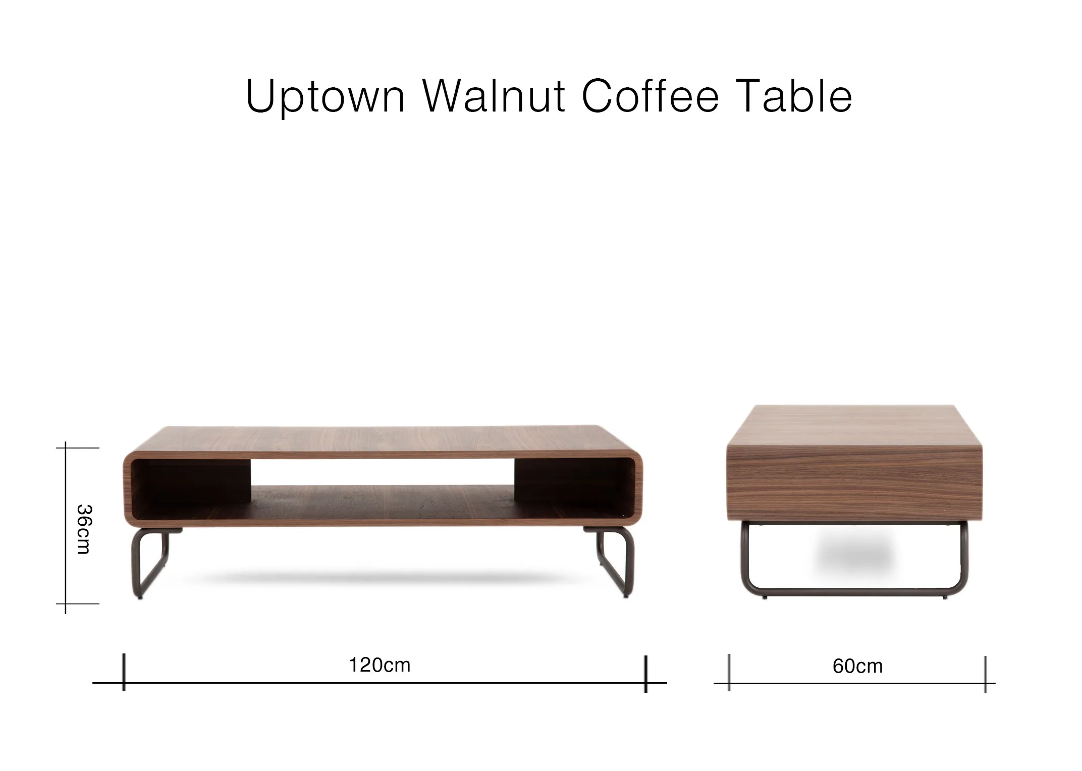 A dimension image of the Uptown Walnut coffee table with 120cm x 60cm