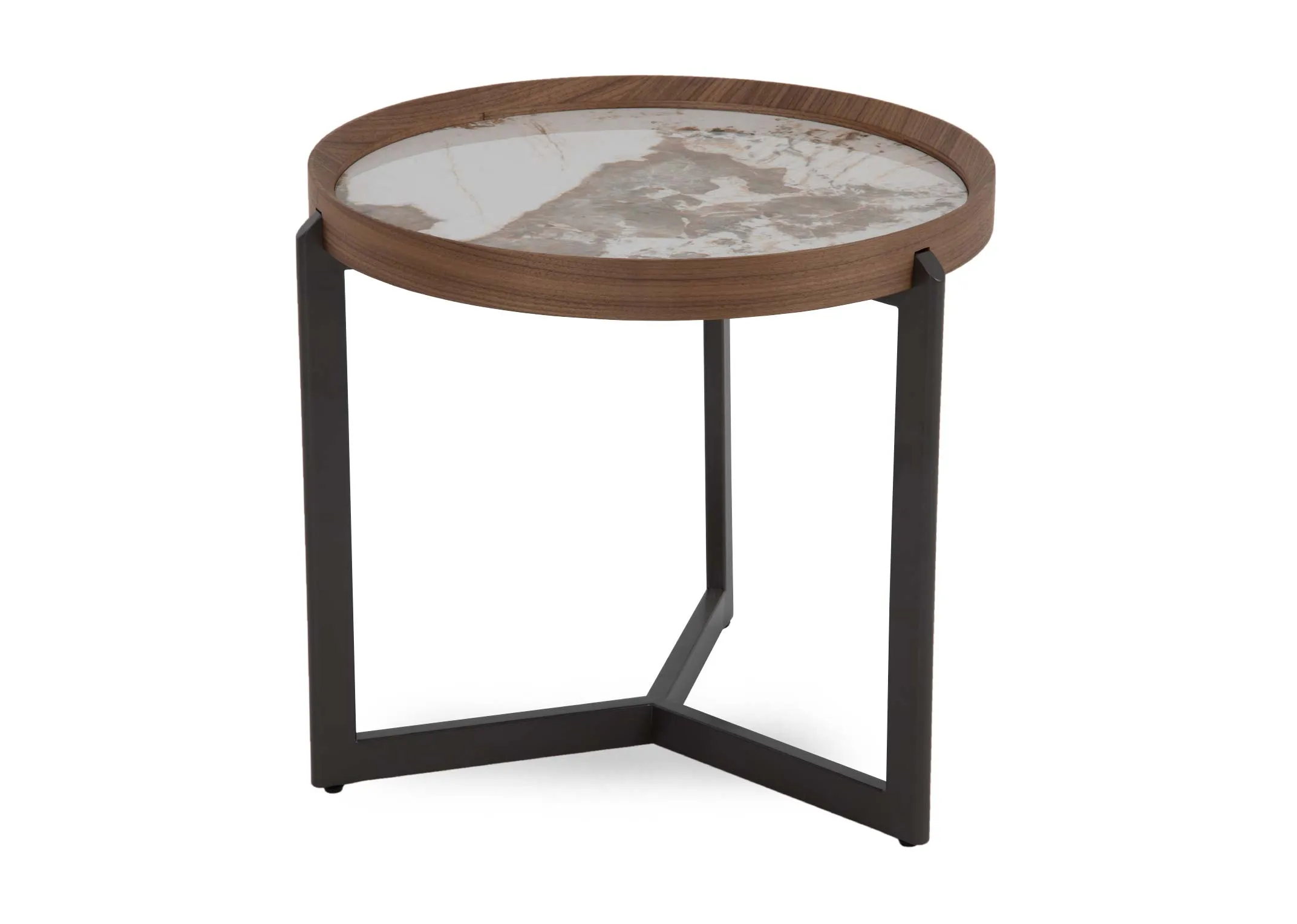 A round walnut and ceramic side table from EZ Livings Century range. Angled view.