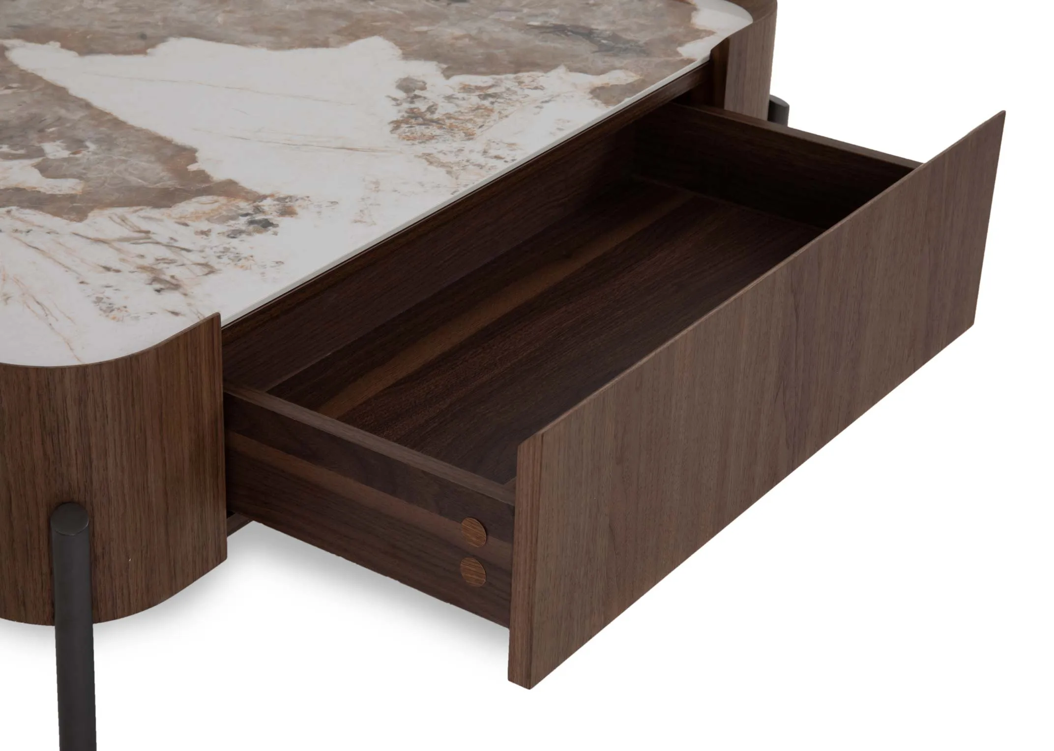 A large square brown coffee table with metal legs and walnut sides from EZ Livings Century range. Closeup of drawer in side open.